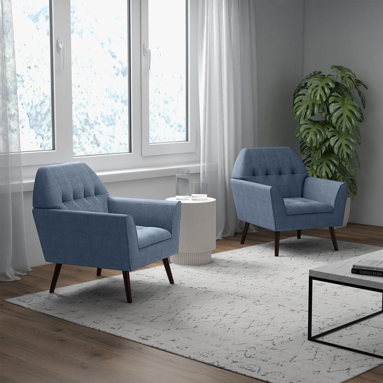 Modern Tufted Fabric Accent Chair with Rubber Wood Legs, Blue Accent Chairs   at Gallery Canada