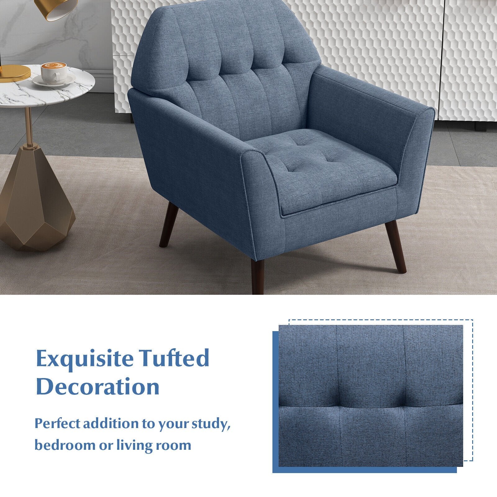 Modern Tufted Fabric Accent Chair with Rubber Wood Legs, Blue Accent Chairs   at Gallery Canada