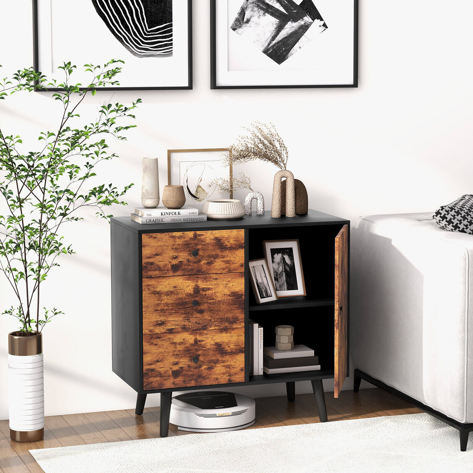 Mid-Century Wood Storage Cabinet with Door and 3 Drawers, Rustic Brown Cabinets & Chests   at Gallery Canada