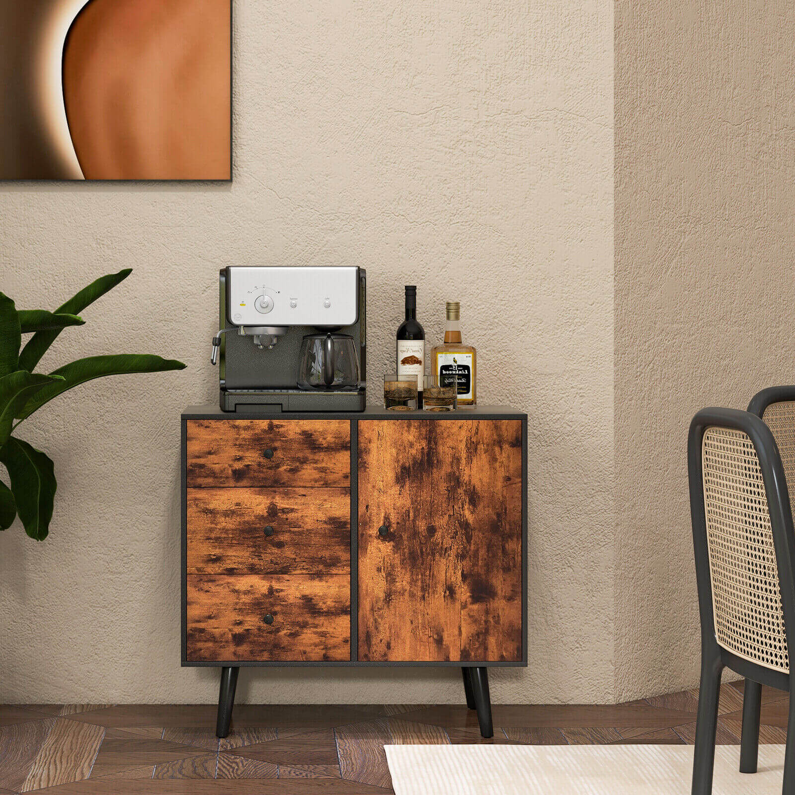 Mid-Century Wood Storage Cabinet with Door and 3 Drawers, Rustic Brown Cabinets & Chests   at Gallery Canada