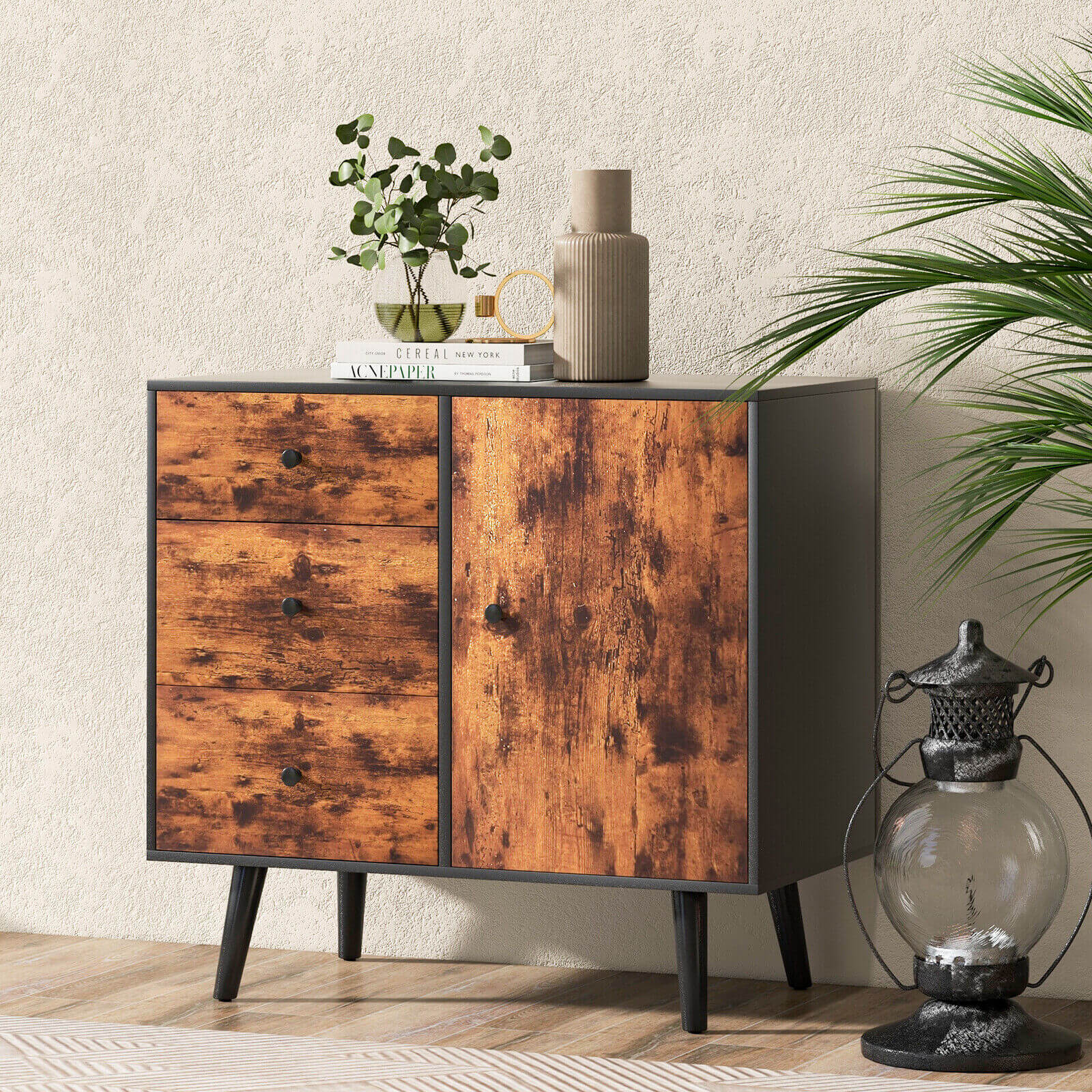 Mid-Century Wood Storage Cabinet with Door and 3 Drawers, Rustic Brown Cabinets & Chests   at Gallery Canada