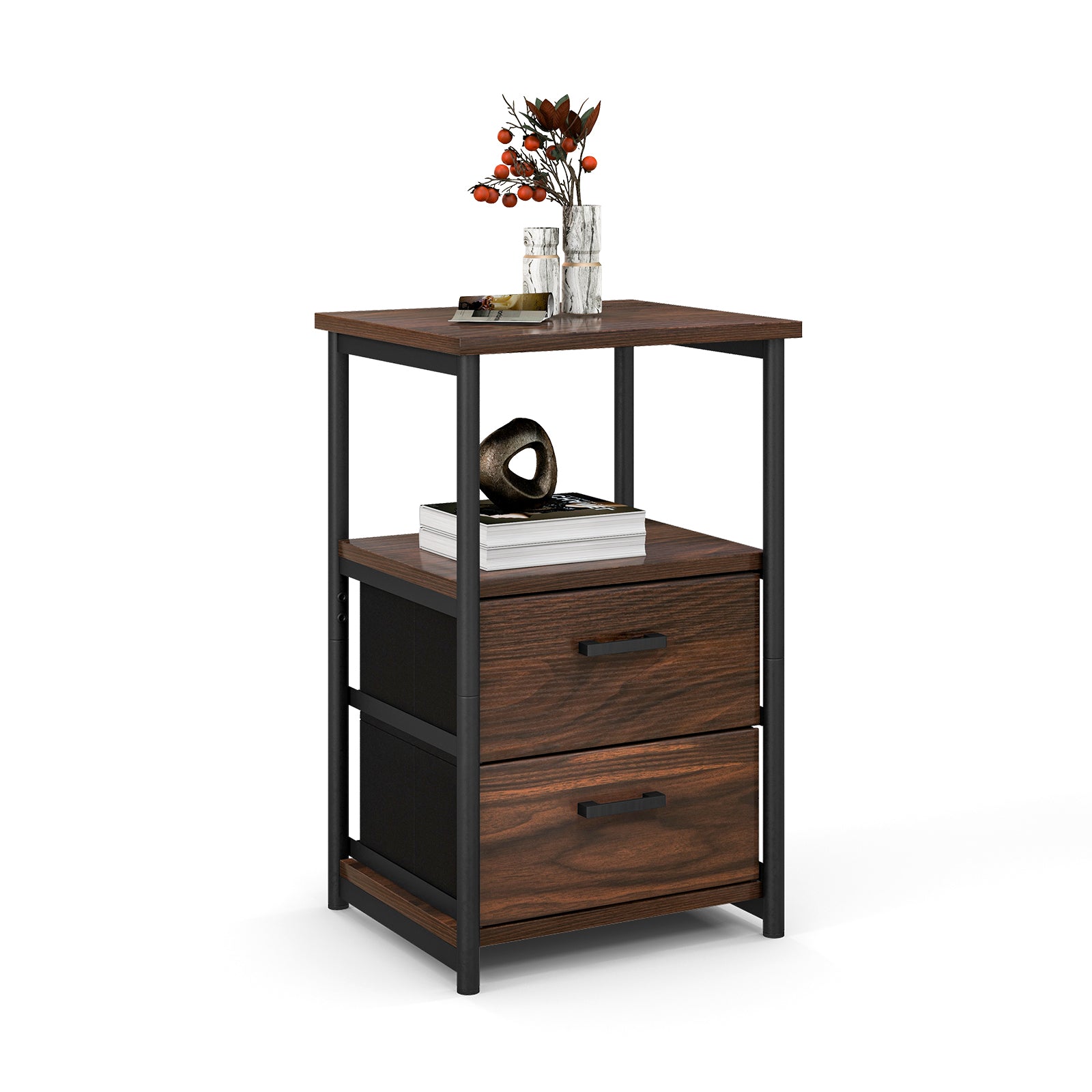 3-Tier Retro Nightstand with 2 Removable Fabric Drawers and Open Shelf, Walnut Nightstands at Gallery Canada