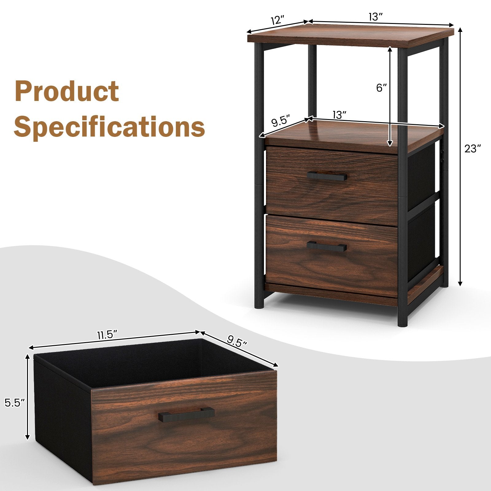 3-Tier Retro Nightstand with 2 Removable Fabric Drawers and Open Shelf, Walnut Nightstands   at Gallery Canada