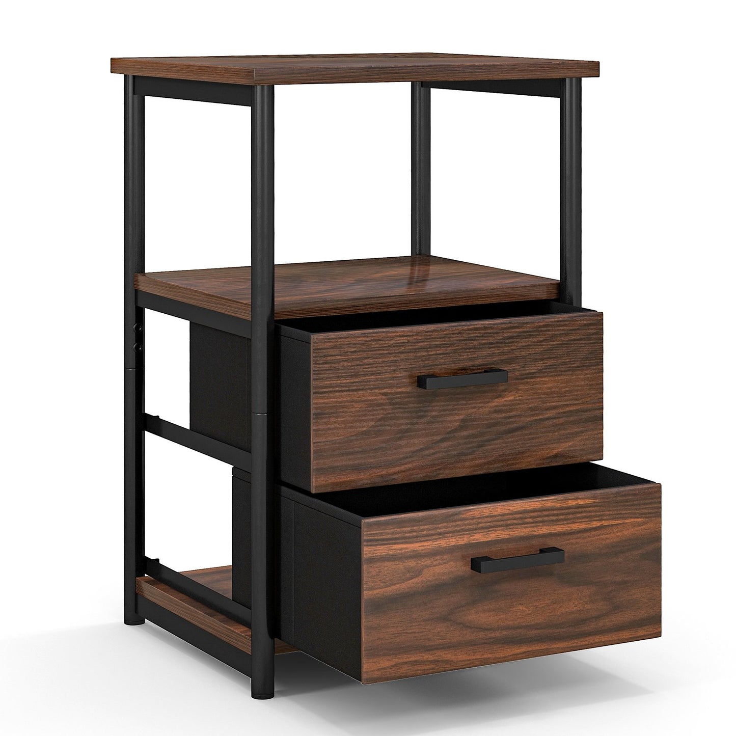 3-Tier Retro Nightstand with 2 Removable Fabric Drawers and Open Shelf, Walnut Nightstands   at Gallery Canada