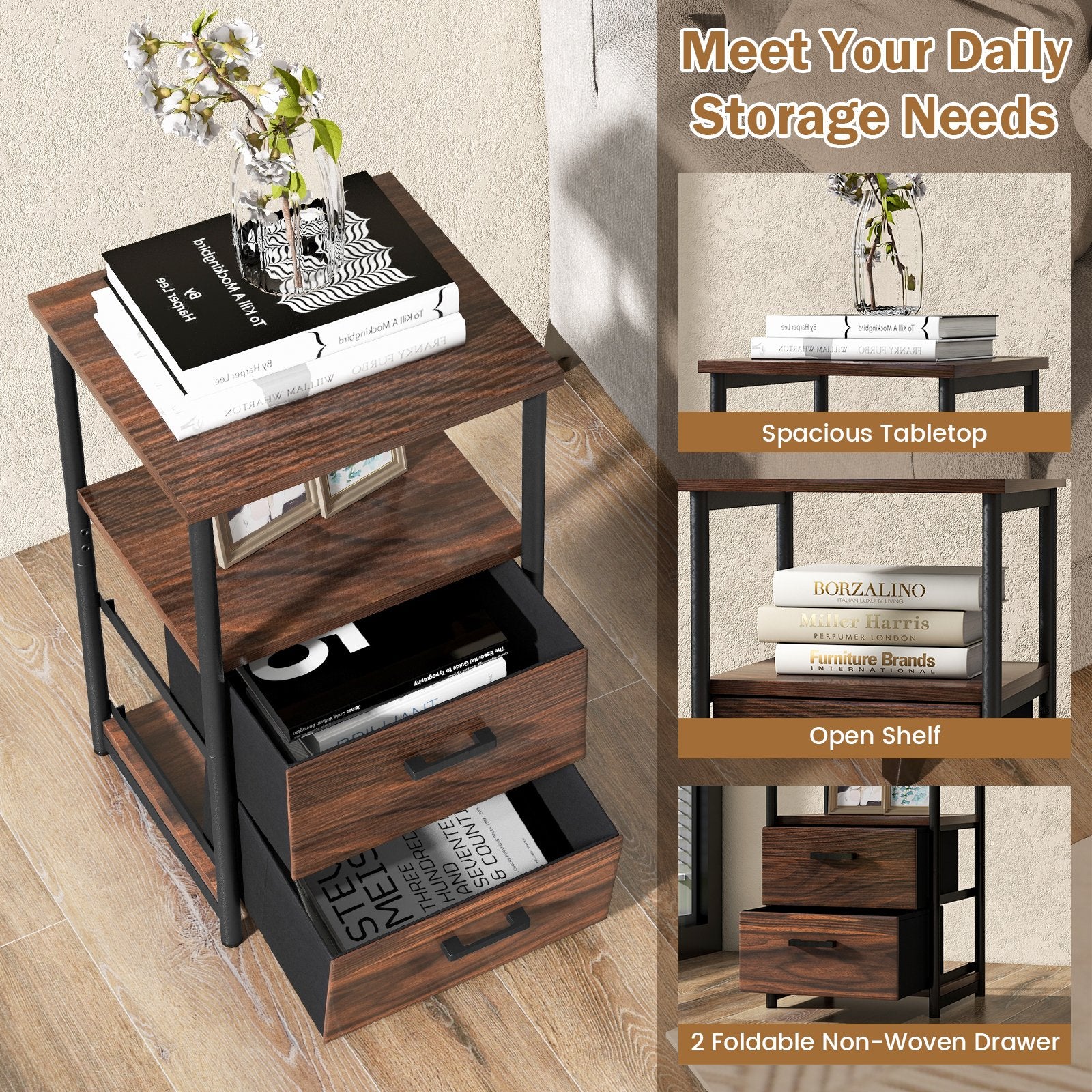 3-Tier Retro Nightstand with 2 Removable Fabric Drawers and Open Shelf, Walnut Nightstands   at Gallery Canada