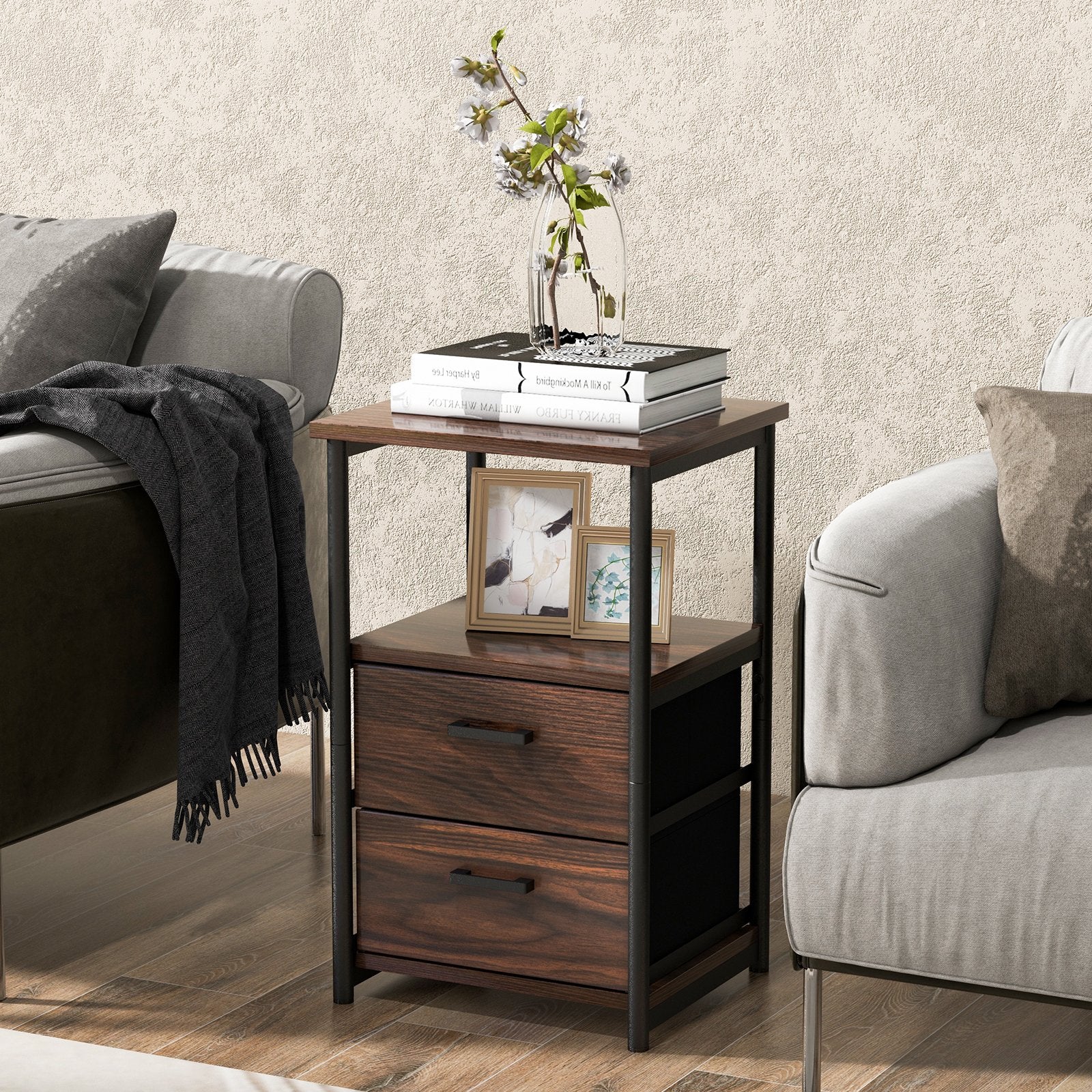 3-Tier Retro Nightstand with 2 Removable Fabric Drawers and Open Shelf, Walnut Nightstands   at Gallery Canada