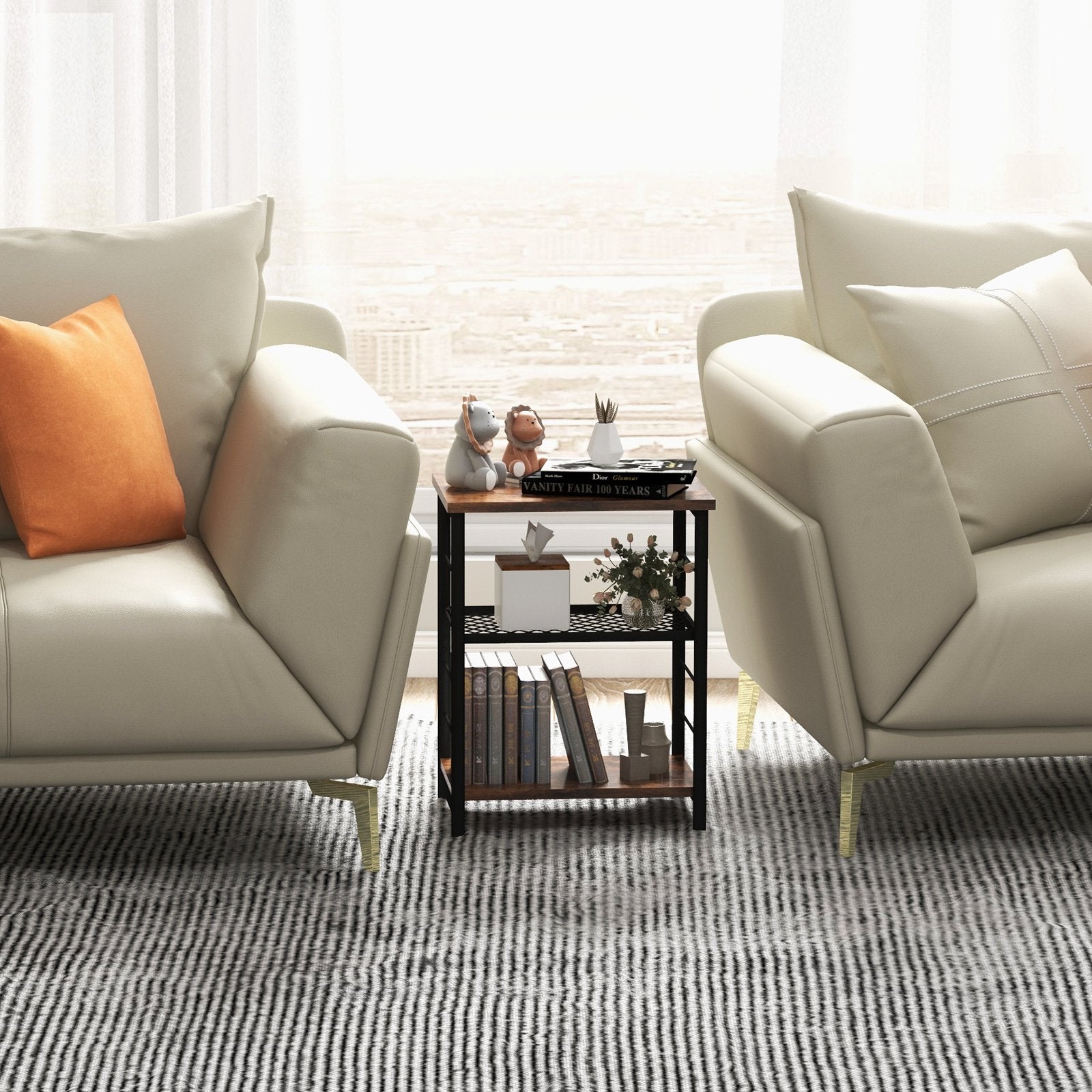 3-Tier Industrial Side Table with Adjustable Mesh Shelf, Rustic Brown End & Side Tables   at Gallery Canada