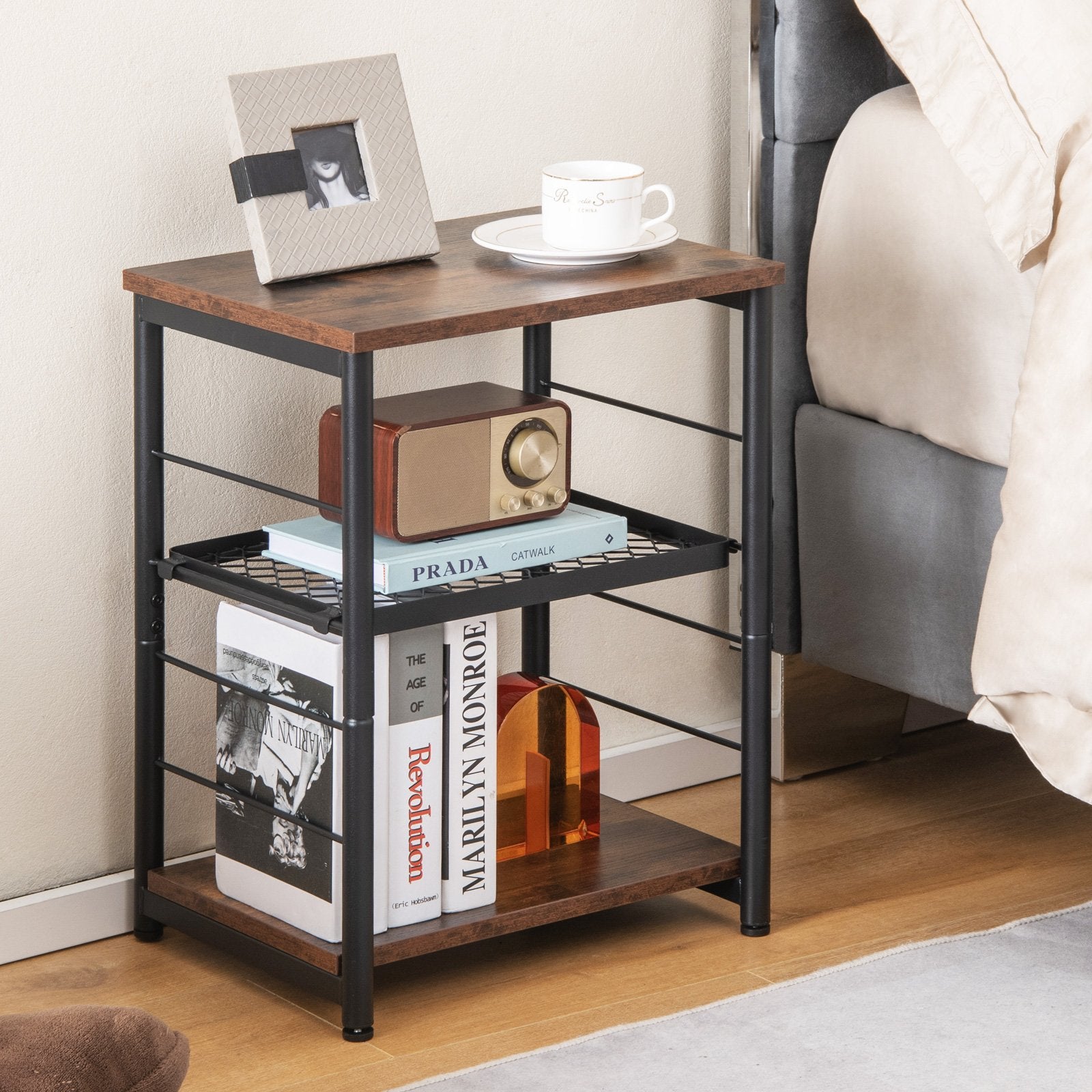 3-Tier Industrial Side Table with Adjustable Mesh Shelf, Rustic Brown End & Side Tables   at Gallery Canada