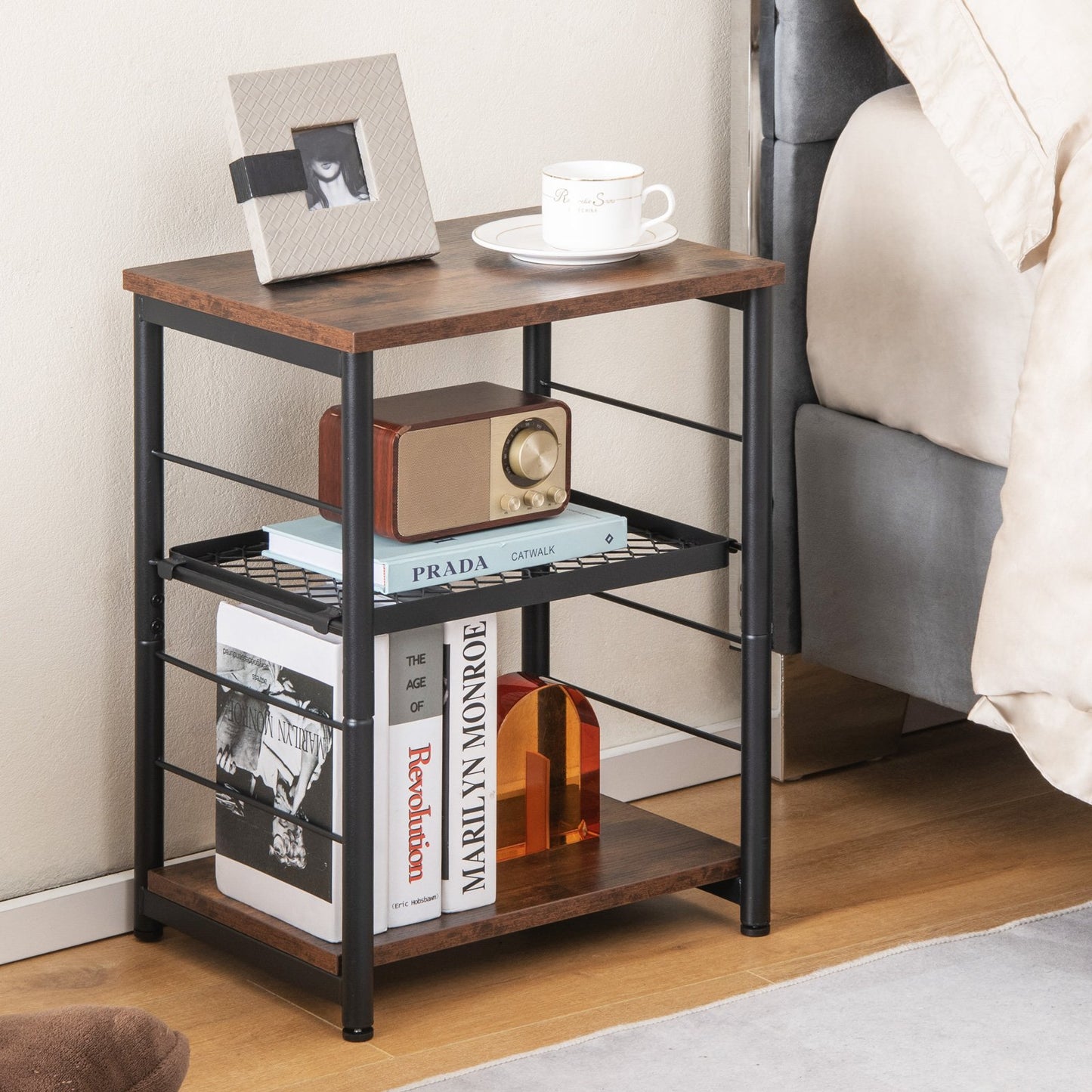 3-Tier Industrial Side Table with Adjustable Mesh Shelf, Rustic Brown - Gallery Canada