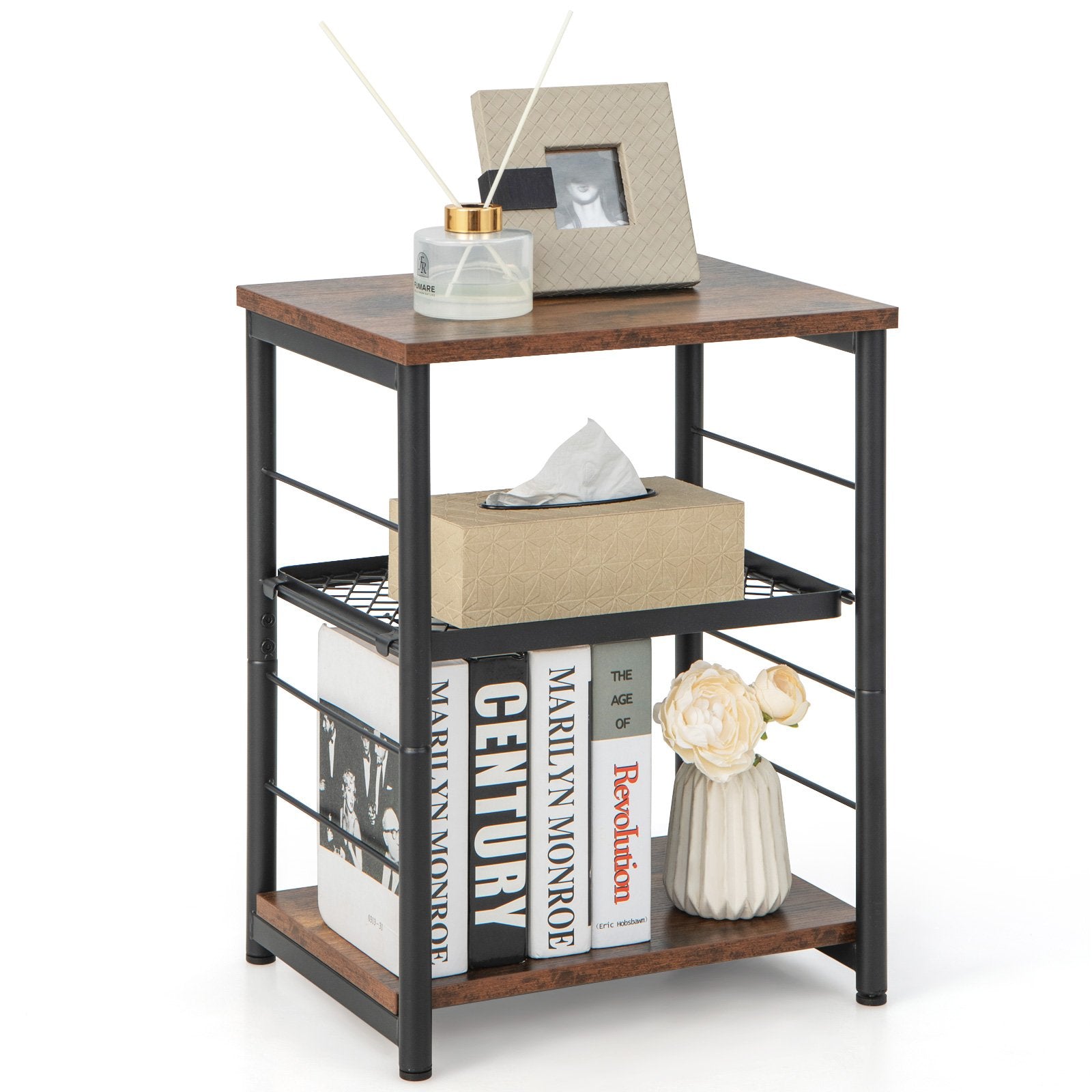 3-Tier Industrial Side Table with Adjustable Mesh Shelf, Rustic Brown End & Side Tables   at Gallery Canada