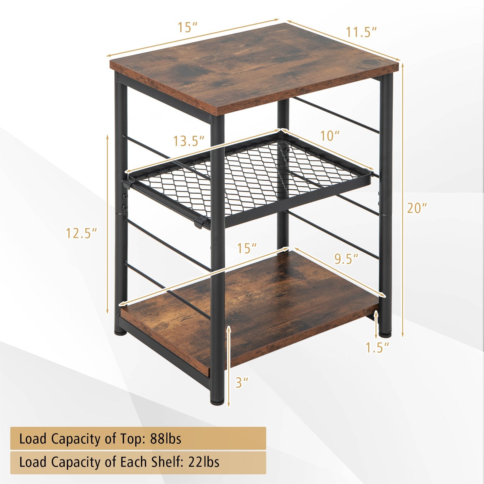 3-Tier Industrial Side Table with Adjustable Mesh Shelf, Rustic Brown End & Side Tables   at Gallery Canada