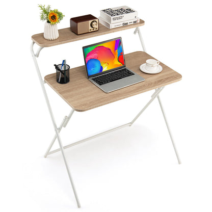 2-Tier Folding Computer Desk Laptop Table No Assembly Required for Home Office, Natural - Gallery Canada