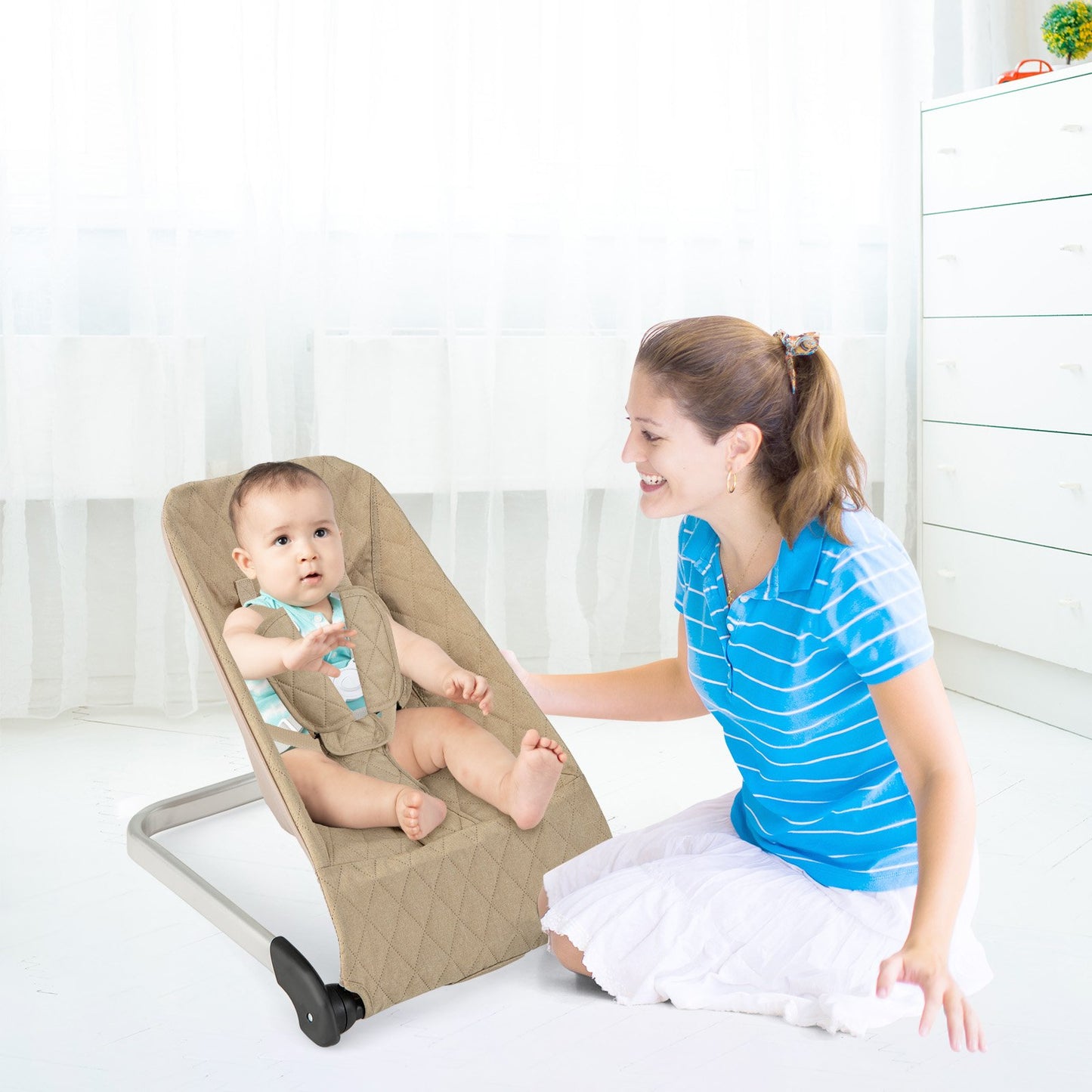 Baby Bouncer Seat with Aluminum and Metal Frame, Beige Baby Bouncer & Rocker   at Gallery Canada