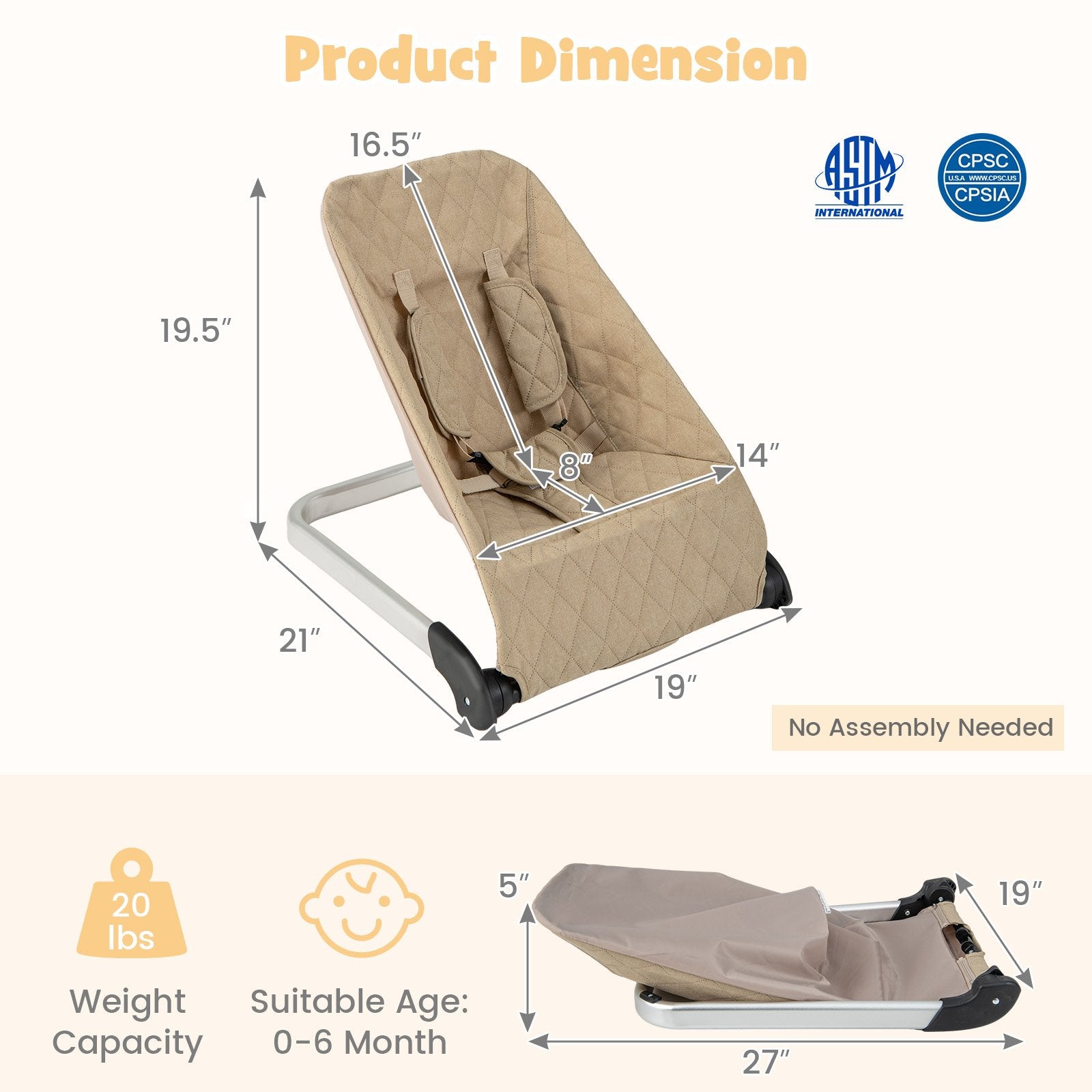 Baby Bouncer Seat with Aluminum and Metal Frame, Beige Baby Bouncer & Rocker   at Gallery Canada