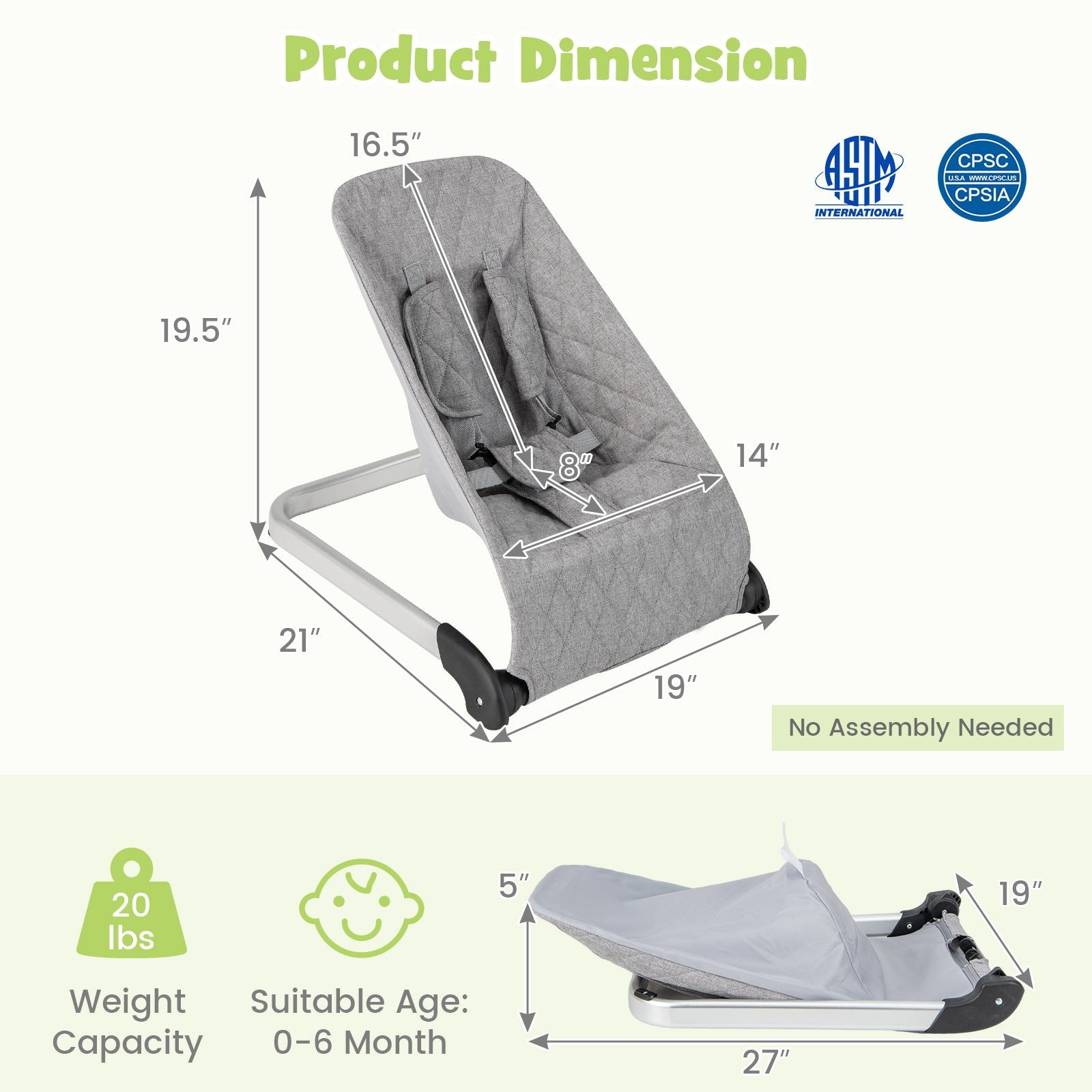 Baby Bouncer Seat with Aluminum and Metal Frame, Light Gray Baby Bouncer & Rocker   at Gallery Canada