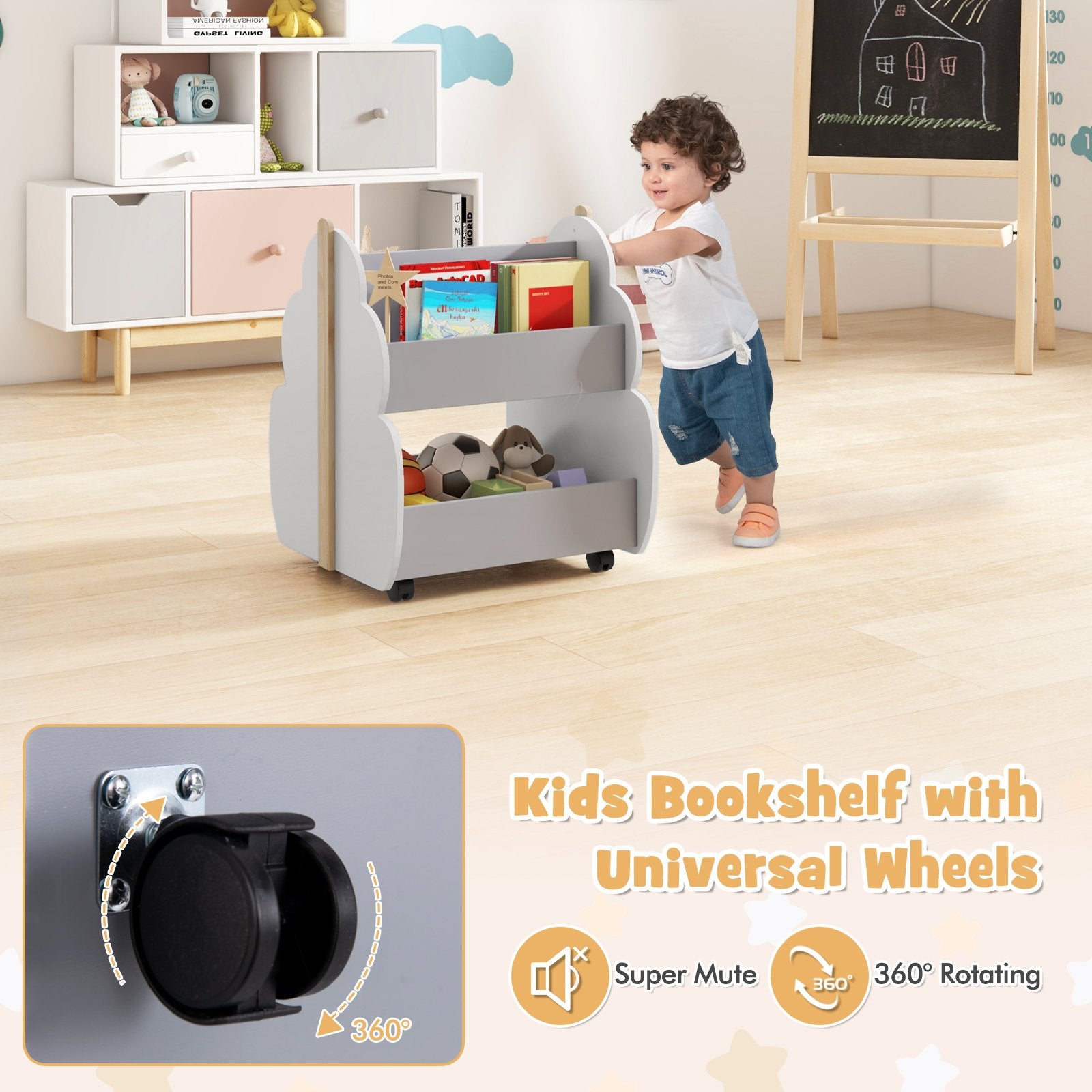 Kids Wooden Bookshelf with Universal Wheels, Gray Kids Storage   at Gallery Canada