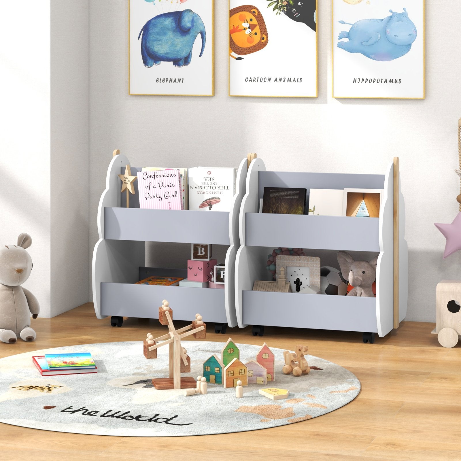 Kids Wooden Bookshelf with Universal Wheels, Gray Kids Storage   at Gallery Canada