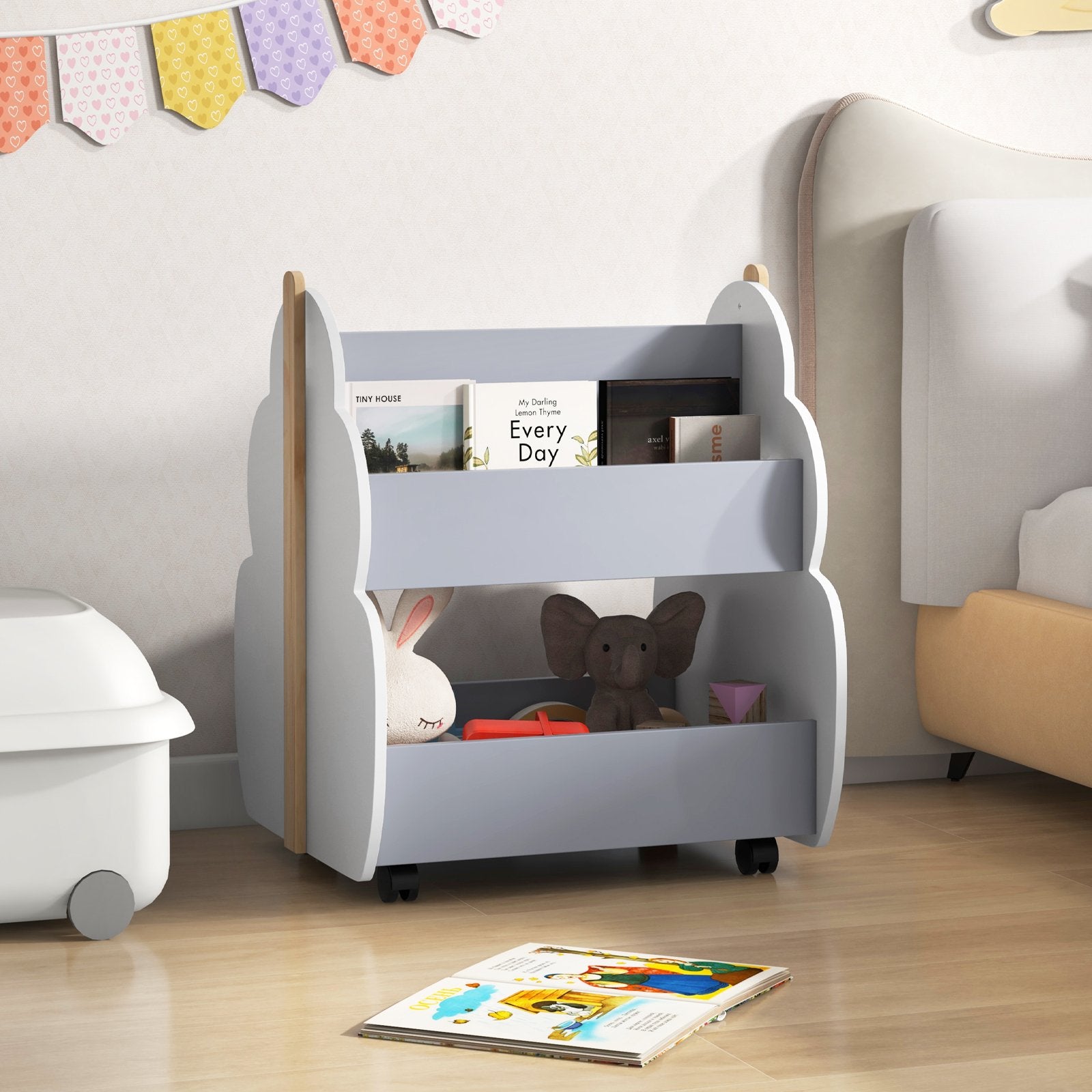 Kids Wooden Bookshelf with Universal Wheels, Gray Kids Storage   at Gallery Canada