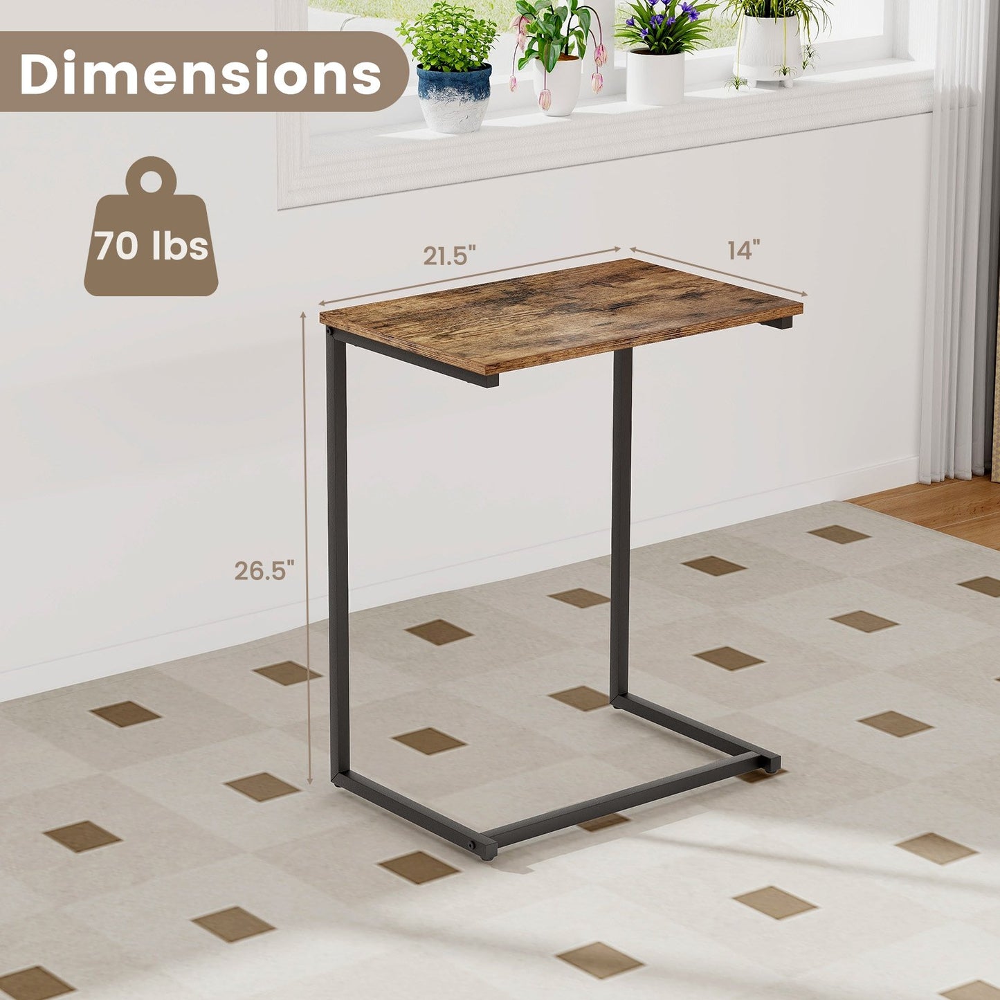 C-shaped Industrial End Table with Metal Frame, Rustic Brown - Gallery Canada