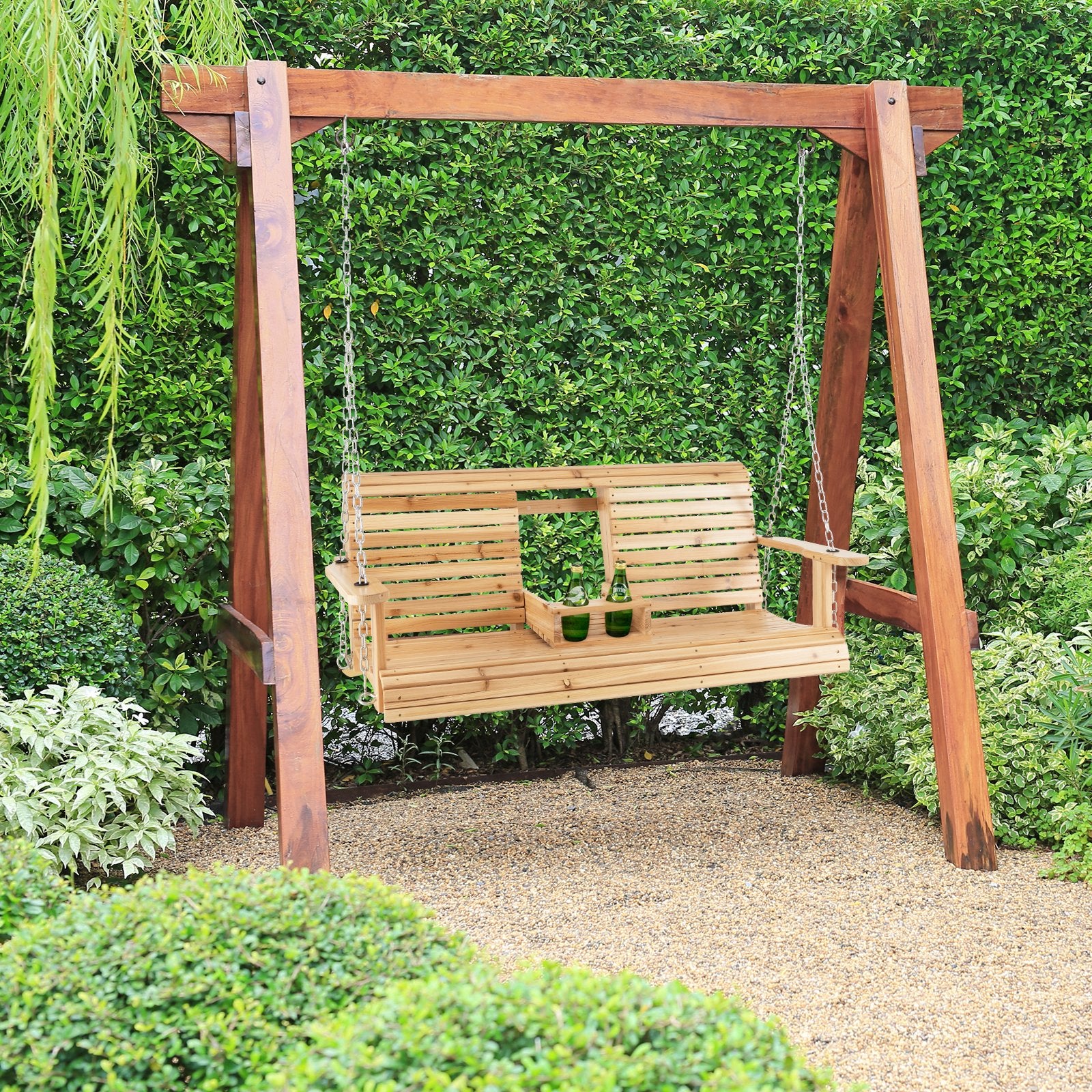 5 Feet Porch Swing Chair with Adjustable Chains and Foldable Cup Holders, Natural Porch Swings   at Gallery Canada