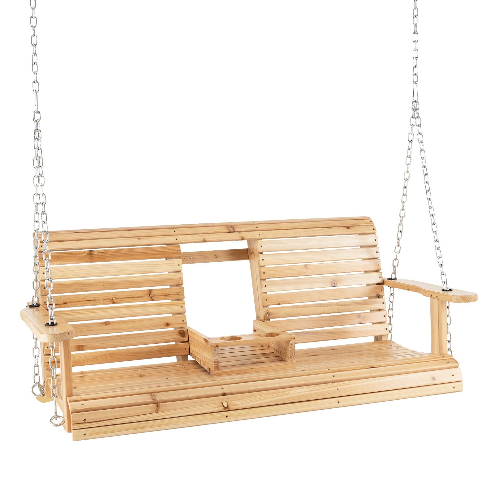 5 Feet Porch Swing Chair with Adjustable Chains and Foldable Cup Holders, Natural Porch Swings   at Gallery Canada