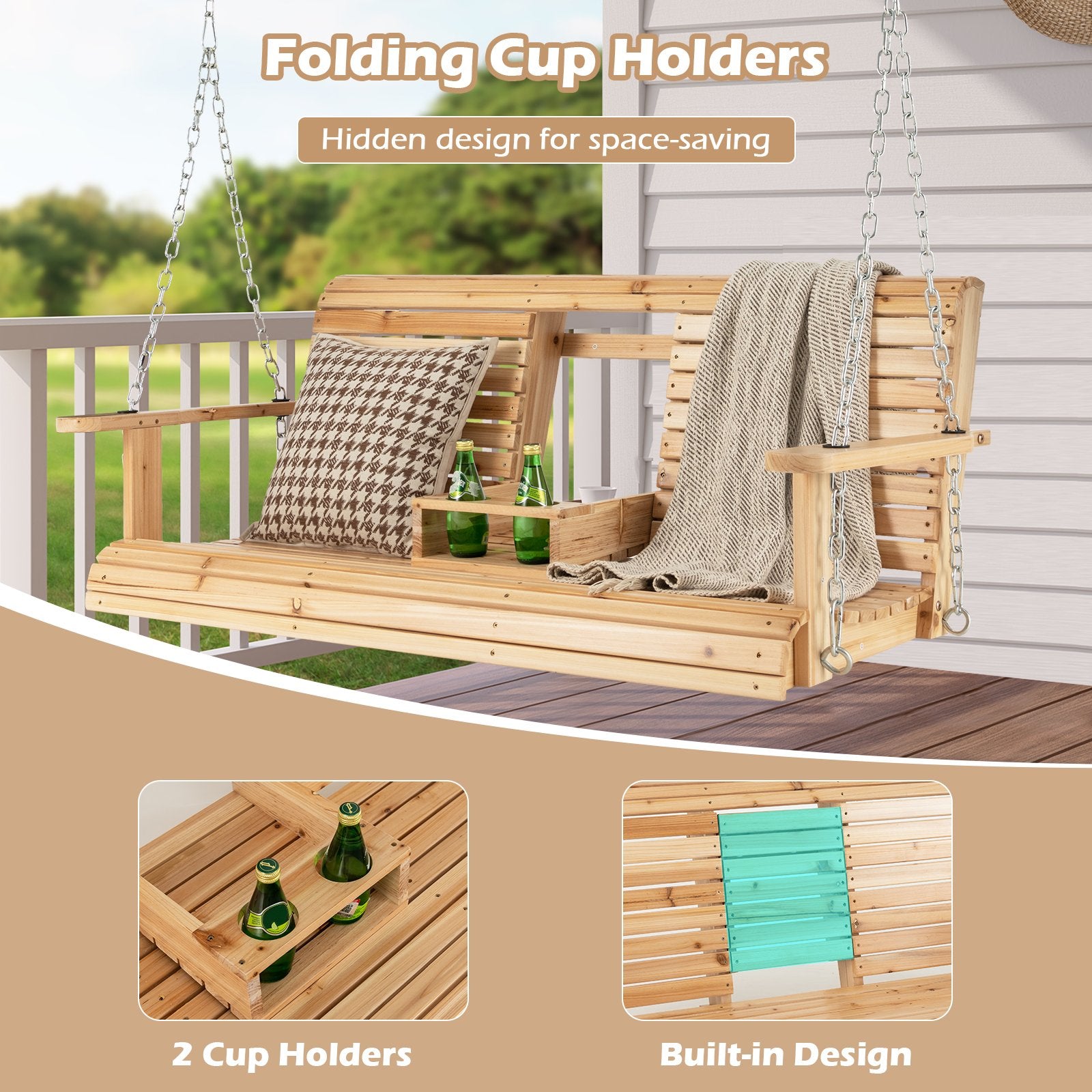 5 Feet Porch Swing Chair with Adjustable Chains and Foldable Cup Holders, Natural - Gallery Canada