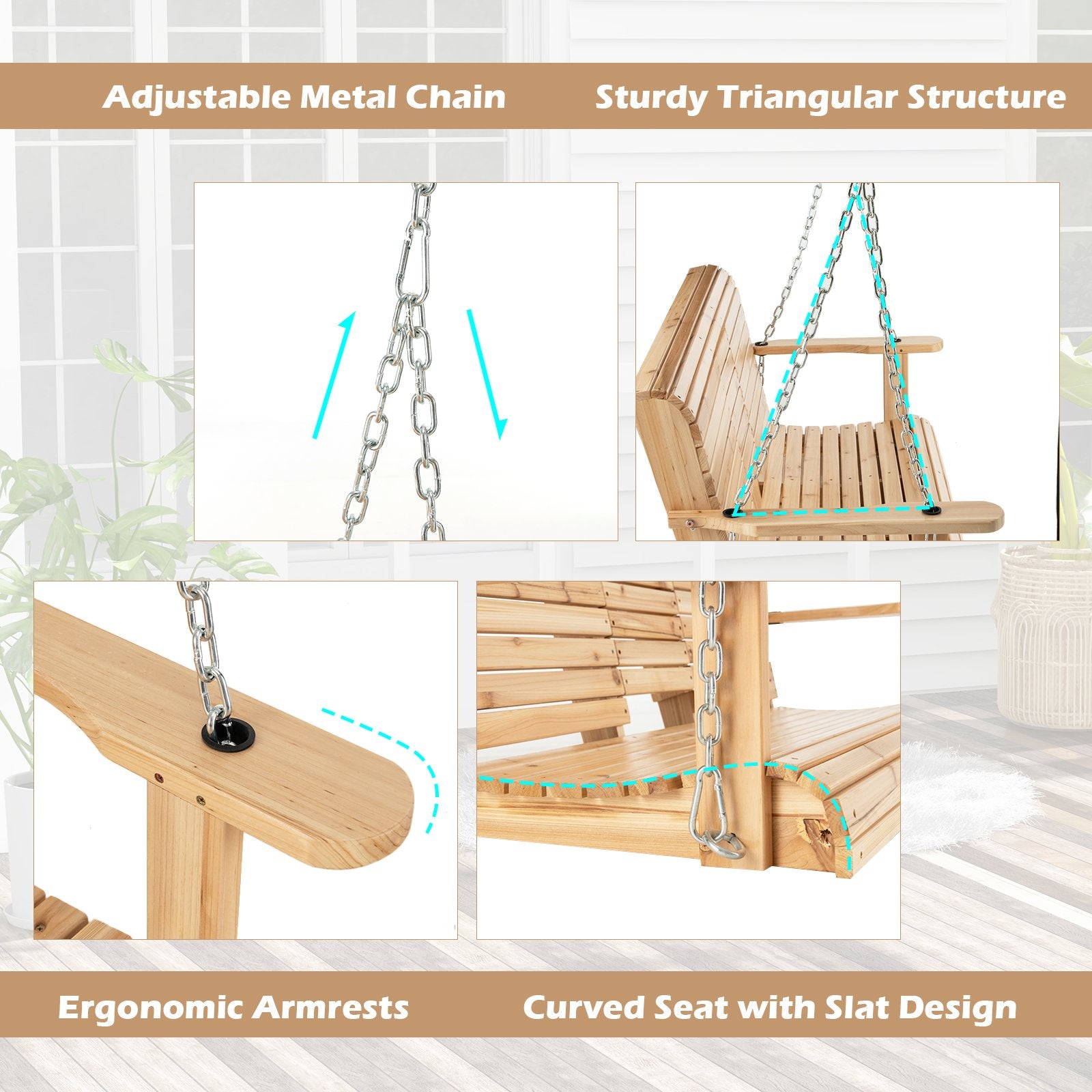 5 Feet Porch Swing Chair with Adjustable Chains and Foldable Cup Holders, Natural Porch Swings   at Gallery Canada