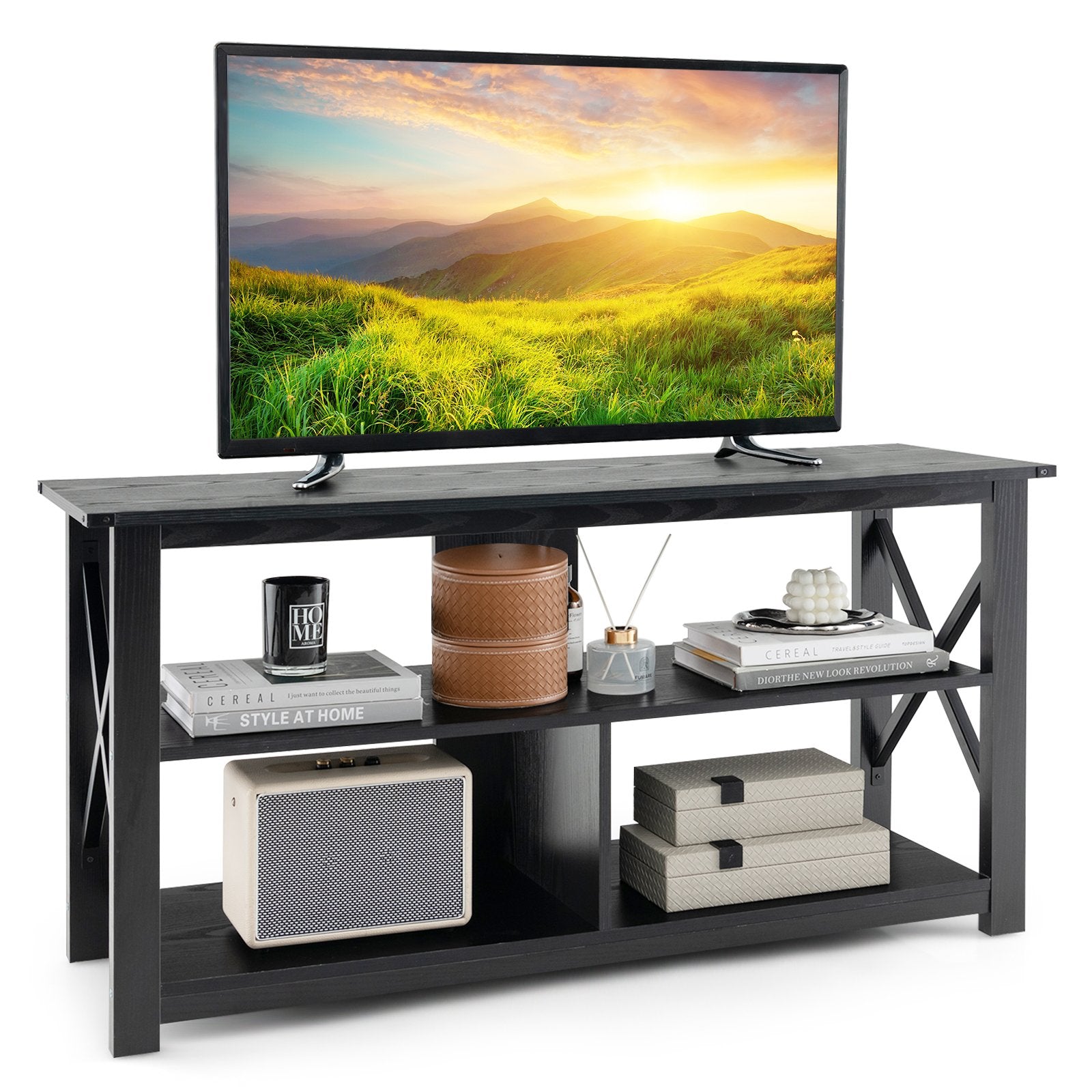 3 Tier Wood TV Stand for 55-Inch with Open Shelves and X-Shaped Frame, Black Entertainment Centers & TV Stands   at Gallery Canada