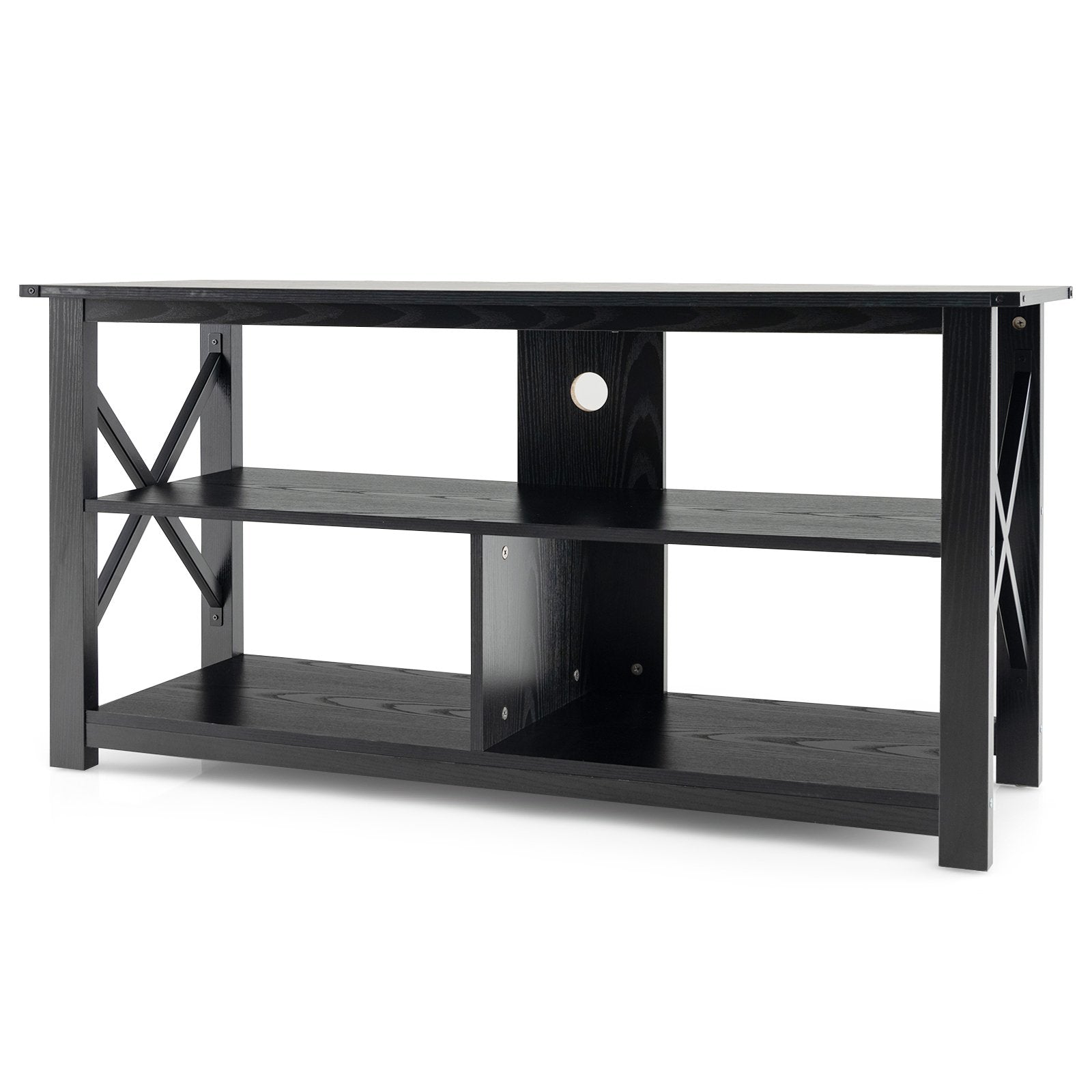 3 Tier Wood TV Stand for 55-Inch with Open Shelves and X-Shaped Frame, Black Entertainment Centers & TV Stands   at Gallery Canada