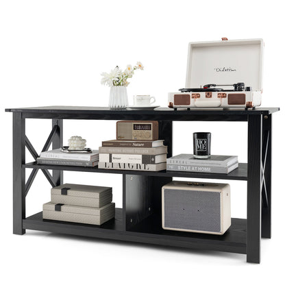 3 Tier Wood TV Stand for 55-Inch with Open Shelves and X-Shaped Frame, Black Entertainment Centers & TV Stands   at Gallery Canada