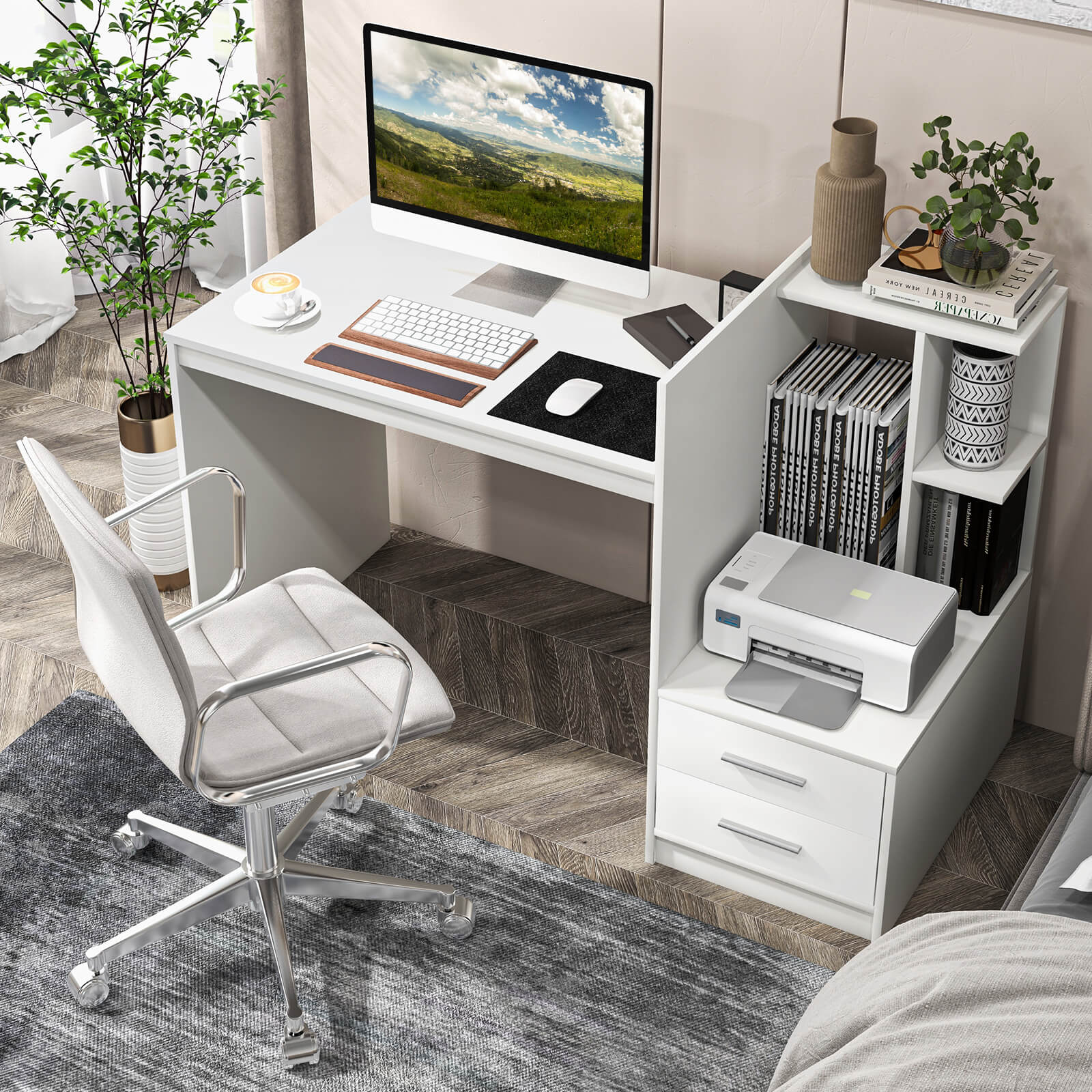 Computer Desk Home Office with Bookshelf and Drawers, White Computer Desks   at Gallery Canada