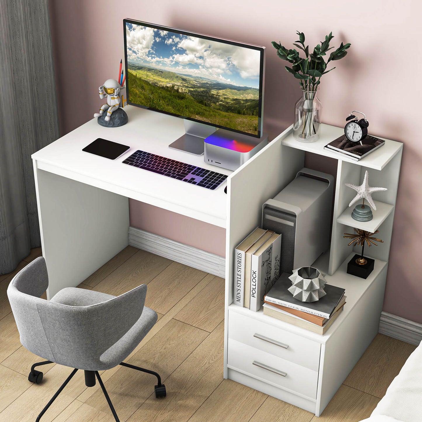 Computer Desk Home Office with Bookshelf and Drawers, White Computer Desks   at Gallery Canada