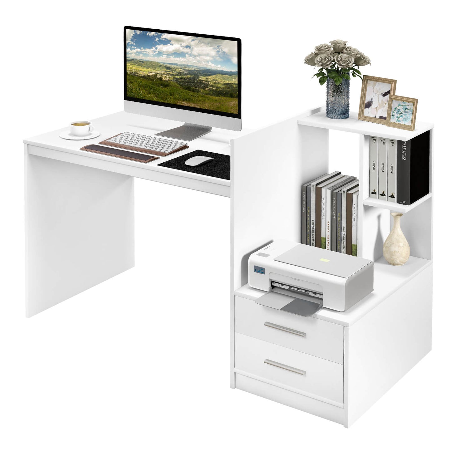 Computer Desk Home Office with Bookshelf and Drawers, White Computer Desks   at Gallery Canada