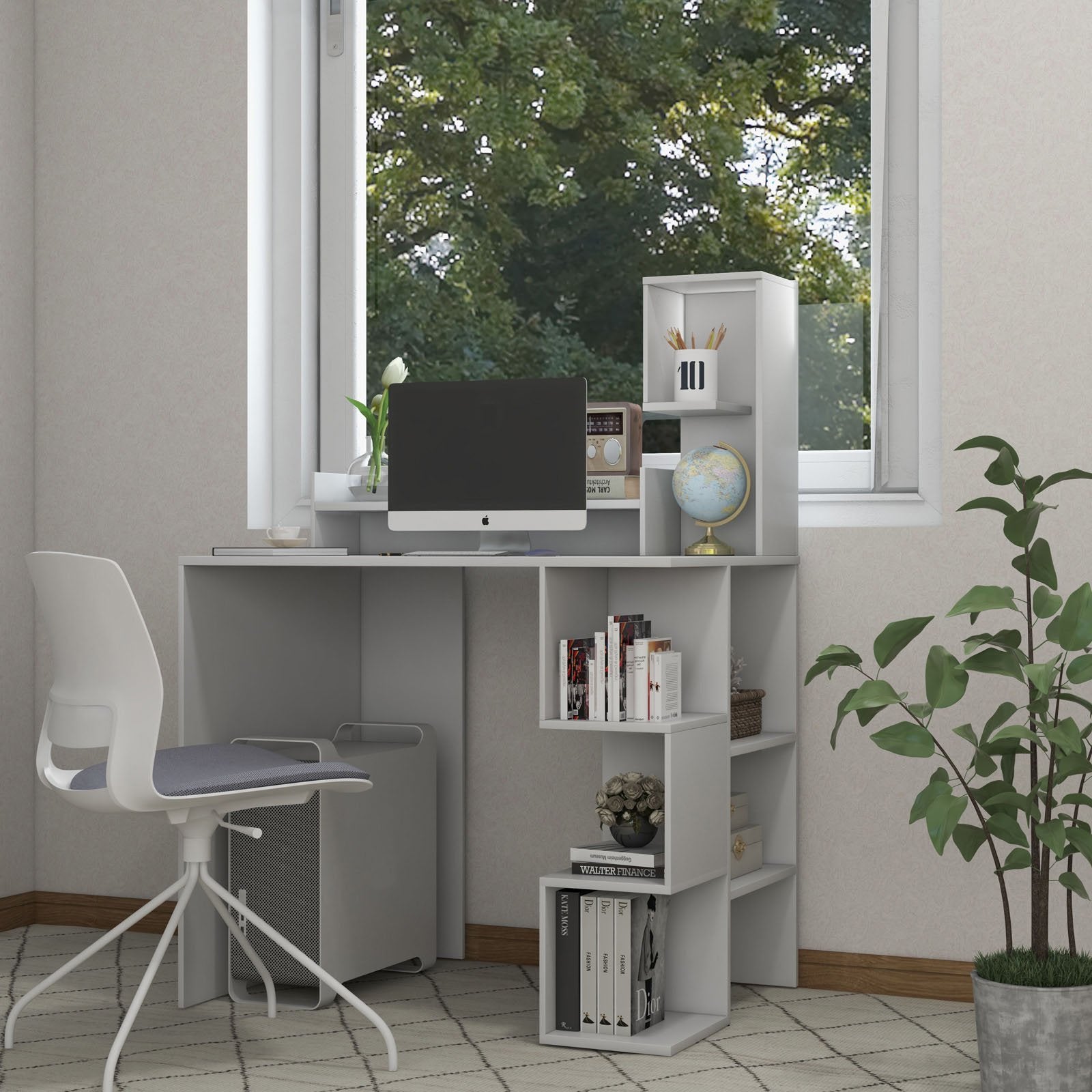 Modern Computer Desk with Storage Bookshelf and Hutch for Home Office, White Computer Desks   at Gallery Canada