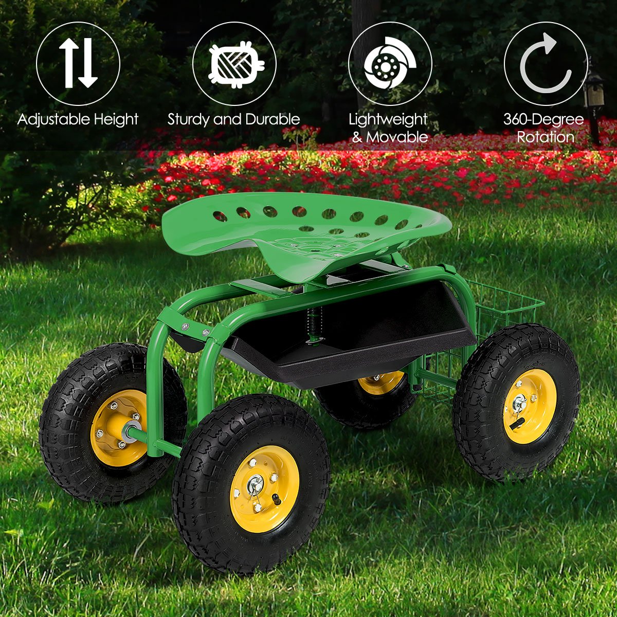 Red/Green Garden Cart Rolling Work Seat With Heavy Duty Tool Tray Gardening Planting, Green - Gallery Canada