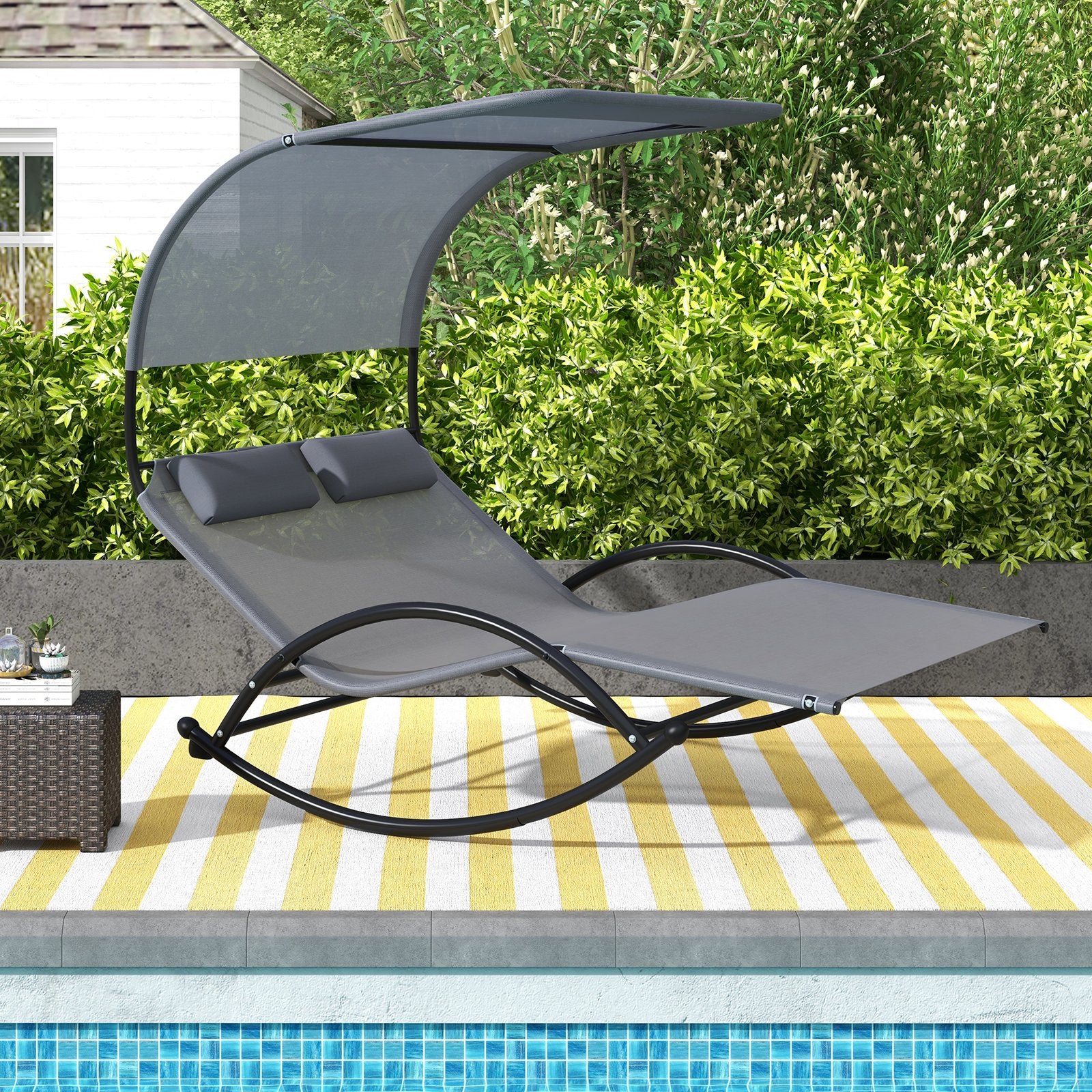 Outdoor Dual Rocker Sunbed 2-Person Canopied Patio Lounger with Detachable Headrests, Gray Patio Rocking Chairs & Gliders   at Gallery Canada