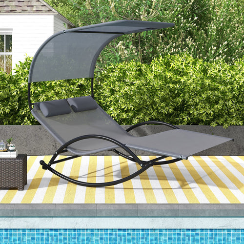 Outdoor Dual Rocker Sunbed 2-Person Canopied Patio Lounger with Detachable Headrests, Gray