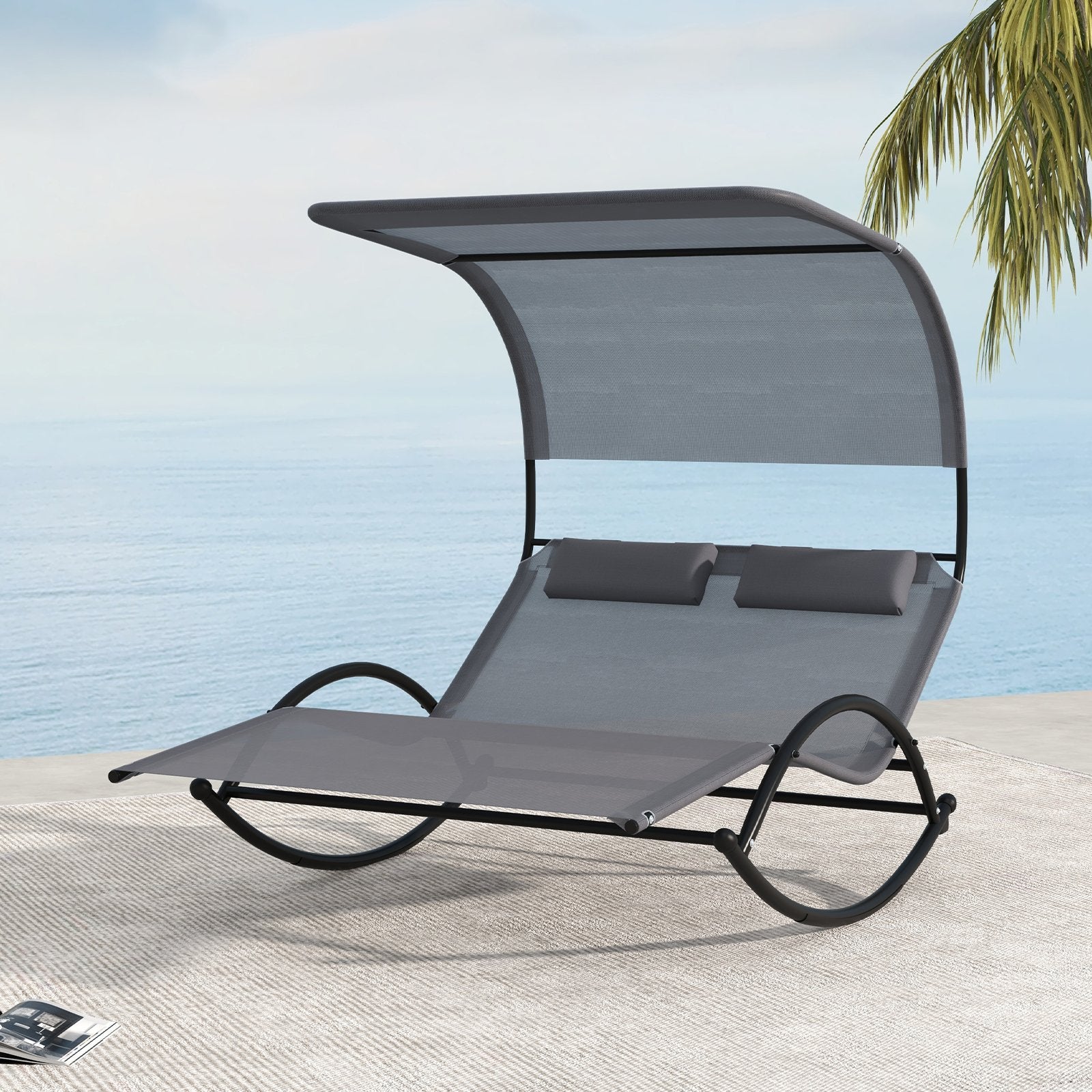 Outdoor Dual Rocker Sunbed 2-Person Canopied Patio Lounger with Detachable Headrests, Gray Patio Rocking Chairs & Gliders   at Gallery Canada