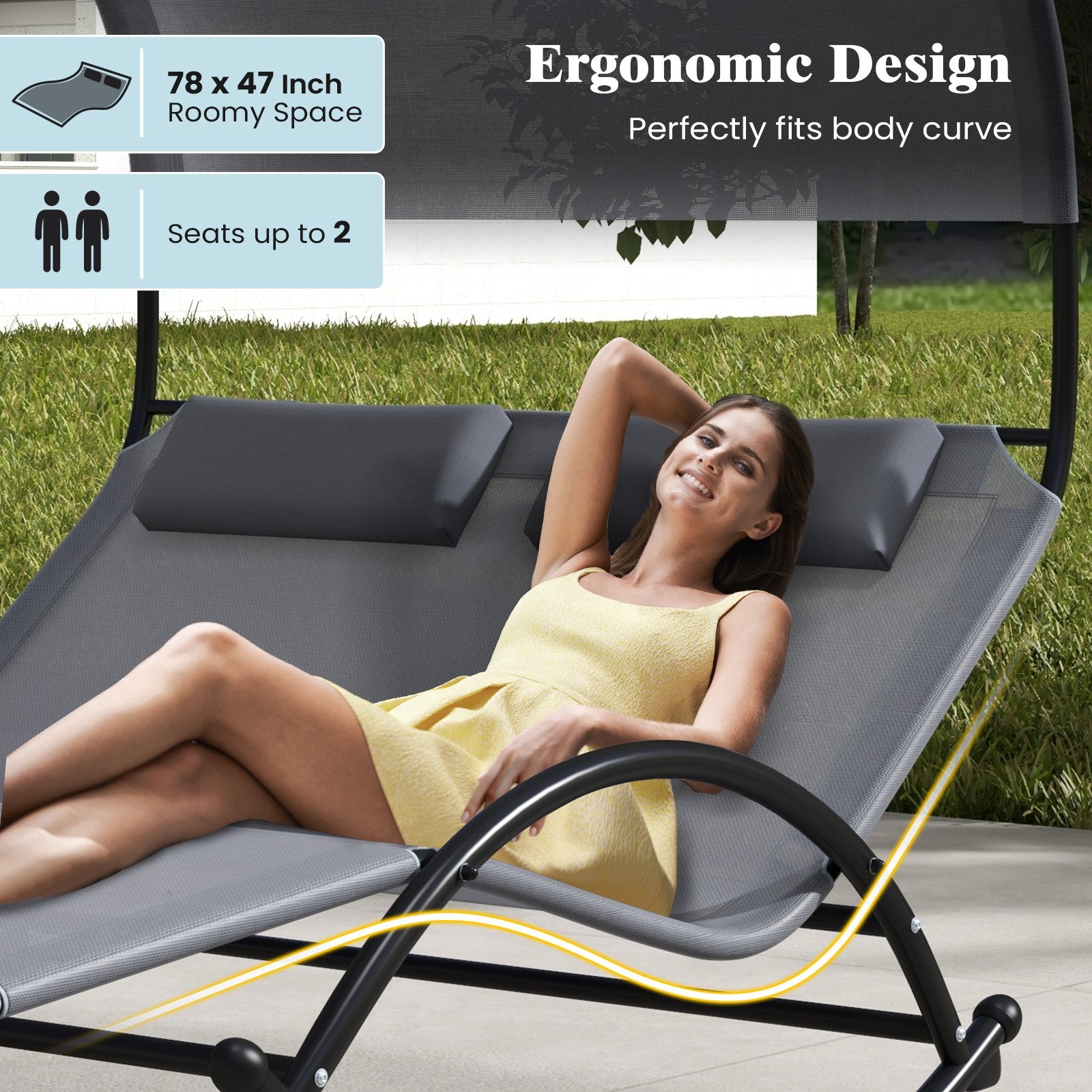 Outdoor Dual Rocker Sunbed 2-Person Canopied Patio Lounger with Detachable Headrests, Gray Patio Rocking Chairs & Gliders   at Gallery Canada