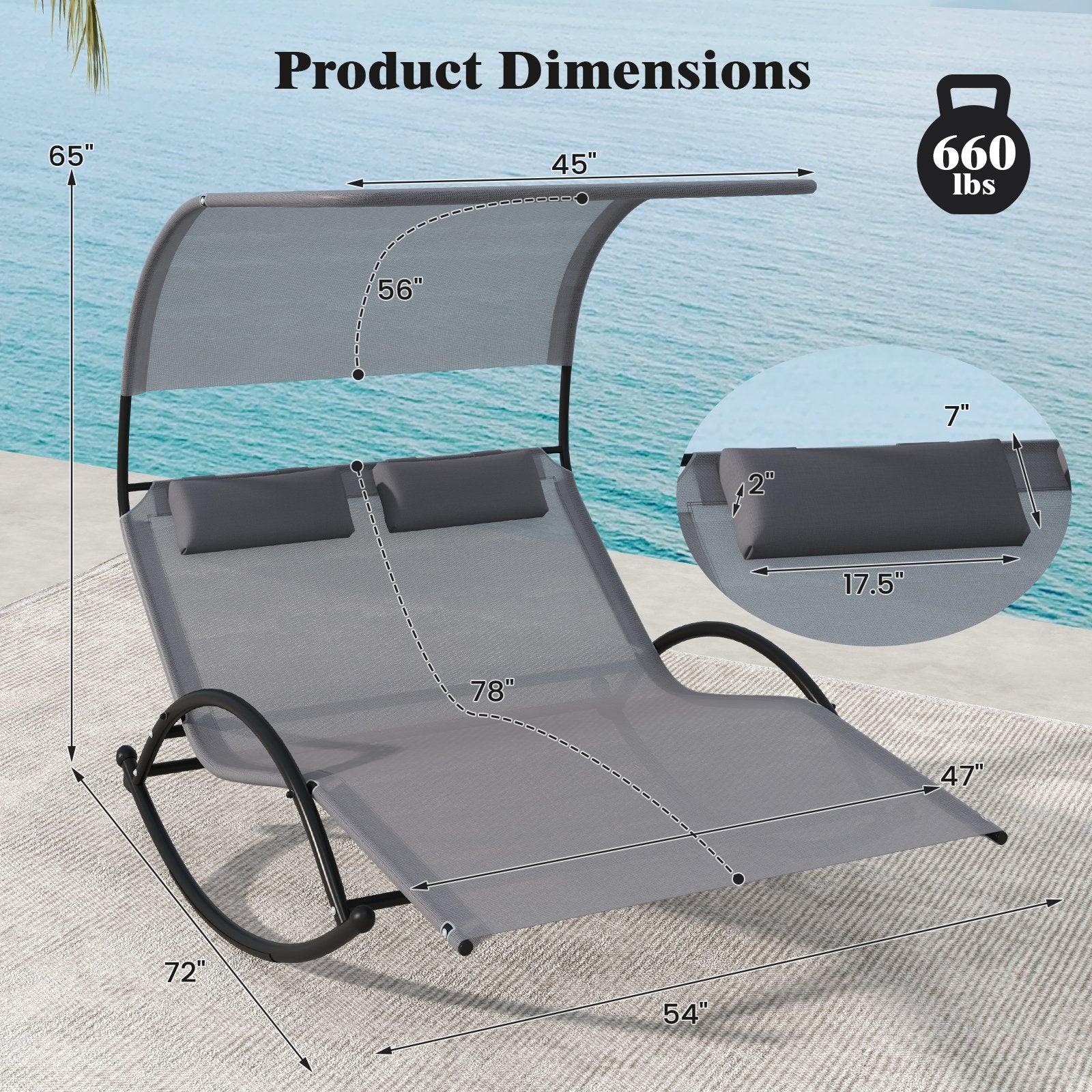 Outdoor Dual Rocker Sunbed 2-Person Canopied Patio Lounger with Detachable Headrests, Gray Patio Rocking Chairs & Gliders   at Gallery Canada