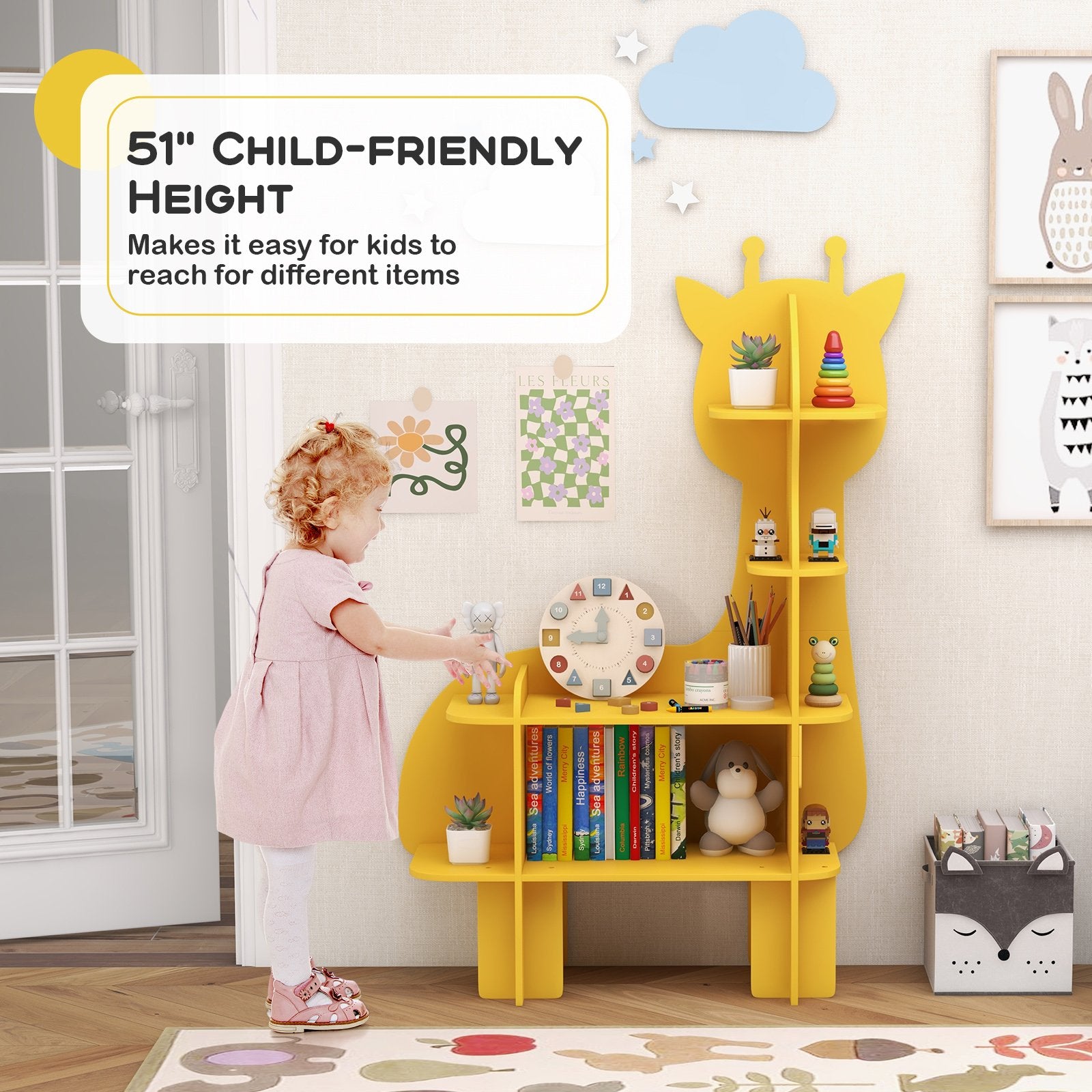 Kids Bookcase Toy Storage Organizer with Open Storage Shelves-Giraffe, Yellow Kids Storage   at Gallery Canada