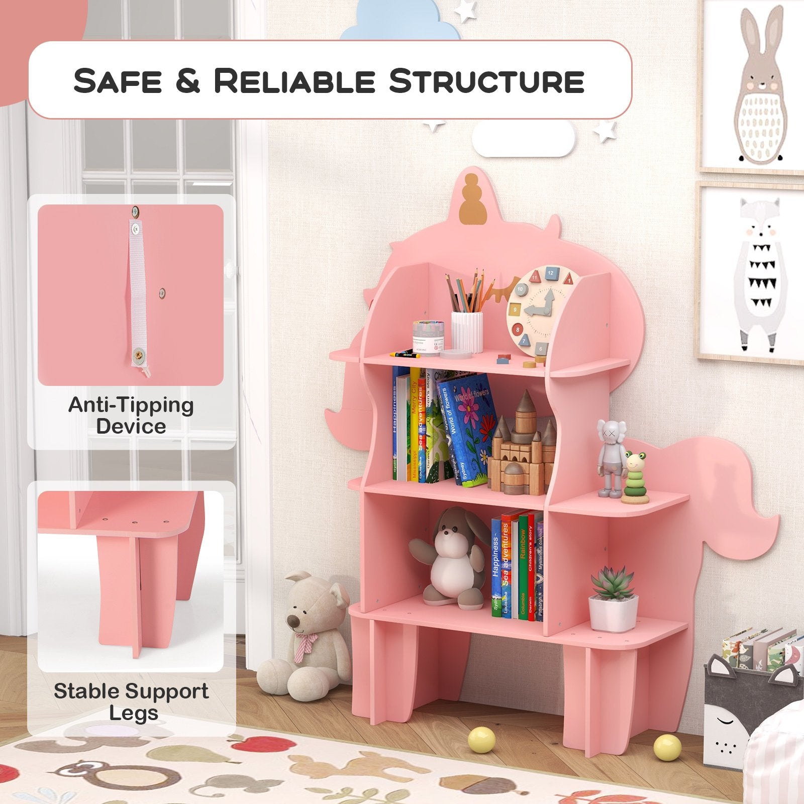 Kids Bookcase Toy Storage Organizer with Open Storage Shelves-Unicorn, Pink Kids Storage   at Gallery Canada