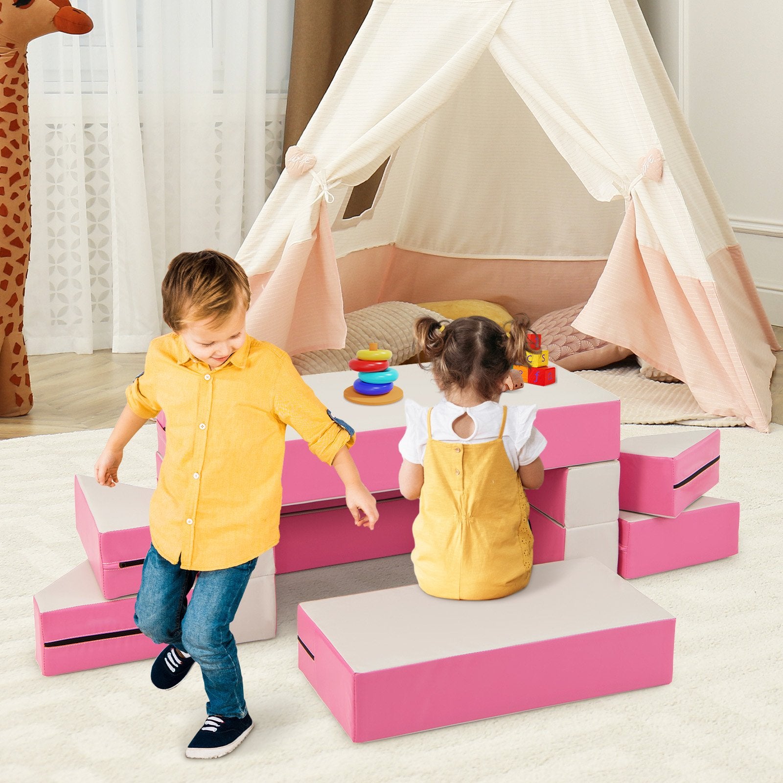 8-Piece 4-in-1 Kids Climb and Crawl Foam Playset, Pink Kids Chairs & Seating   at Gallery Canada