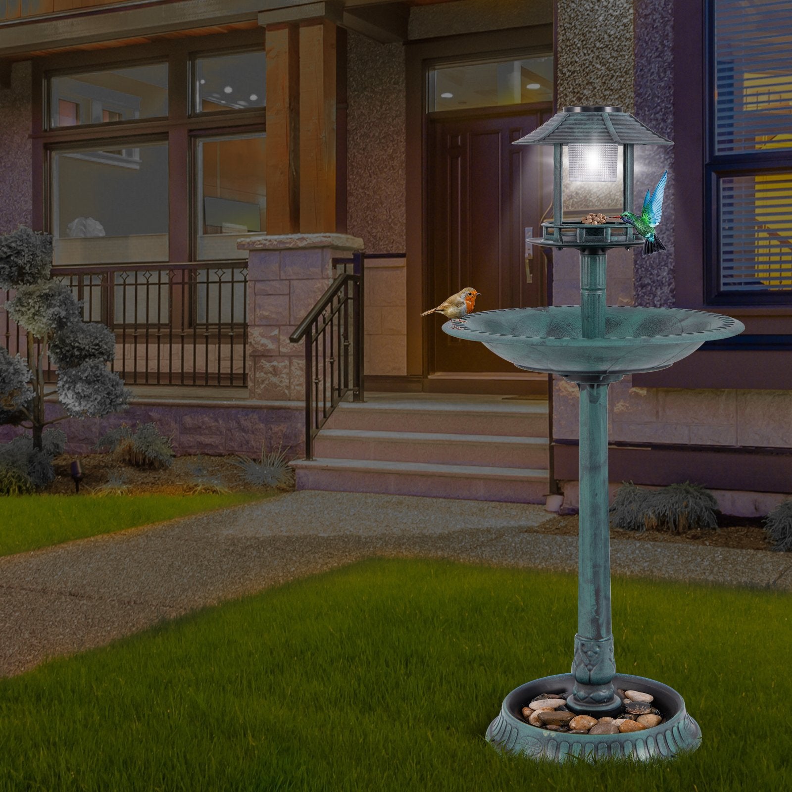 Pedestal Bird Bath with Solar Light with Bird Feeder and Flower Planter, Green Chicken Coops   at Gallery Canada