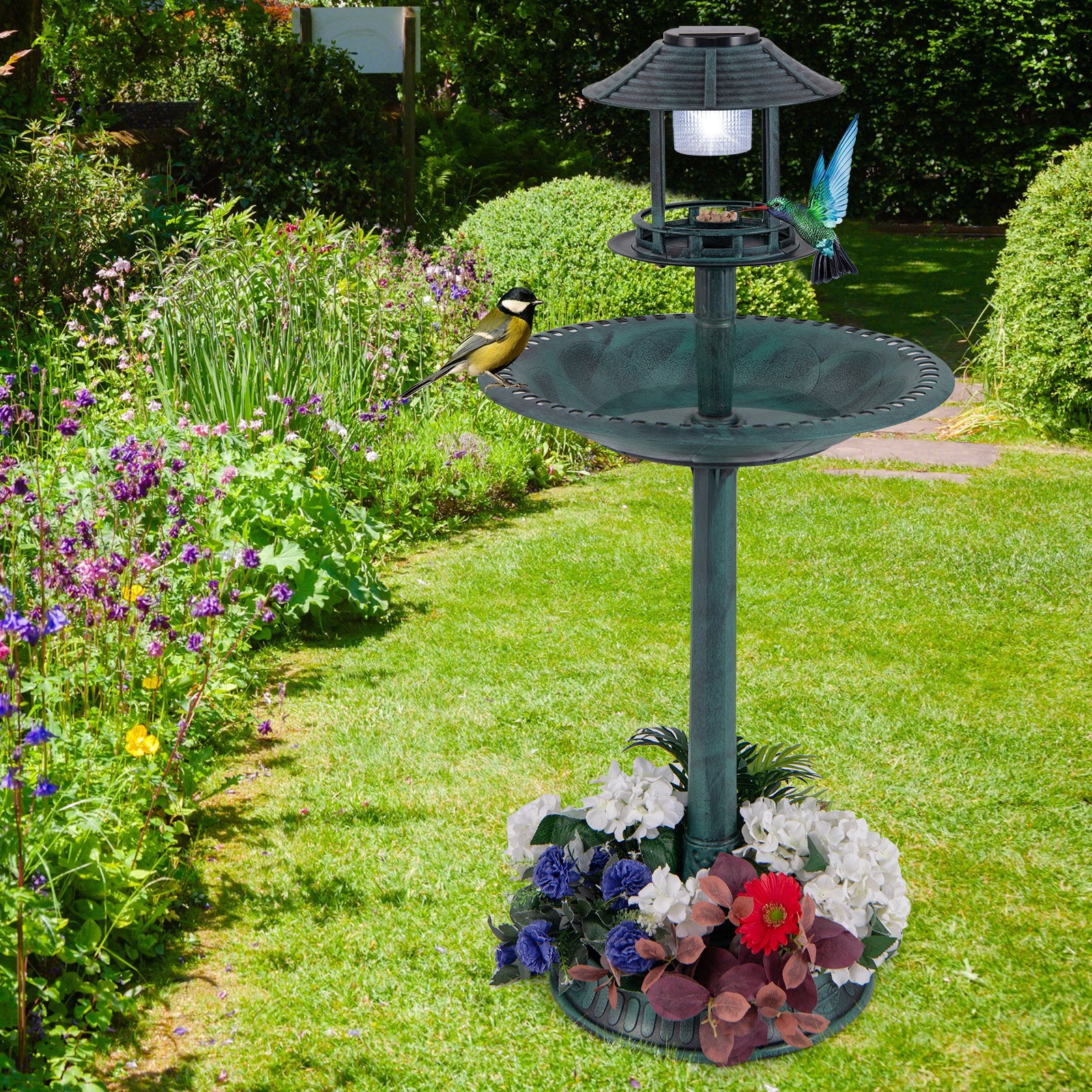 Pedestal Bird Bath with Solar Light with Bird Feeder and Flower Planter, Green Chicken Coops   at Gallery Canada