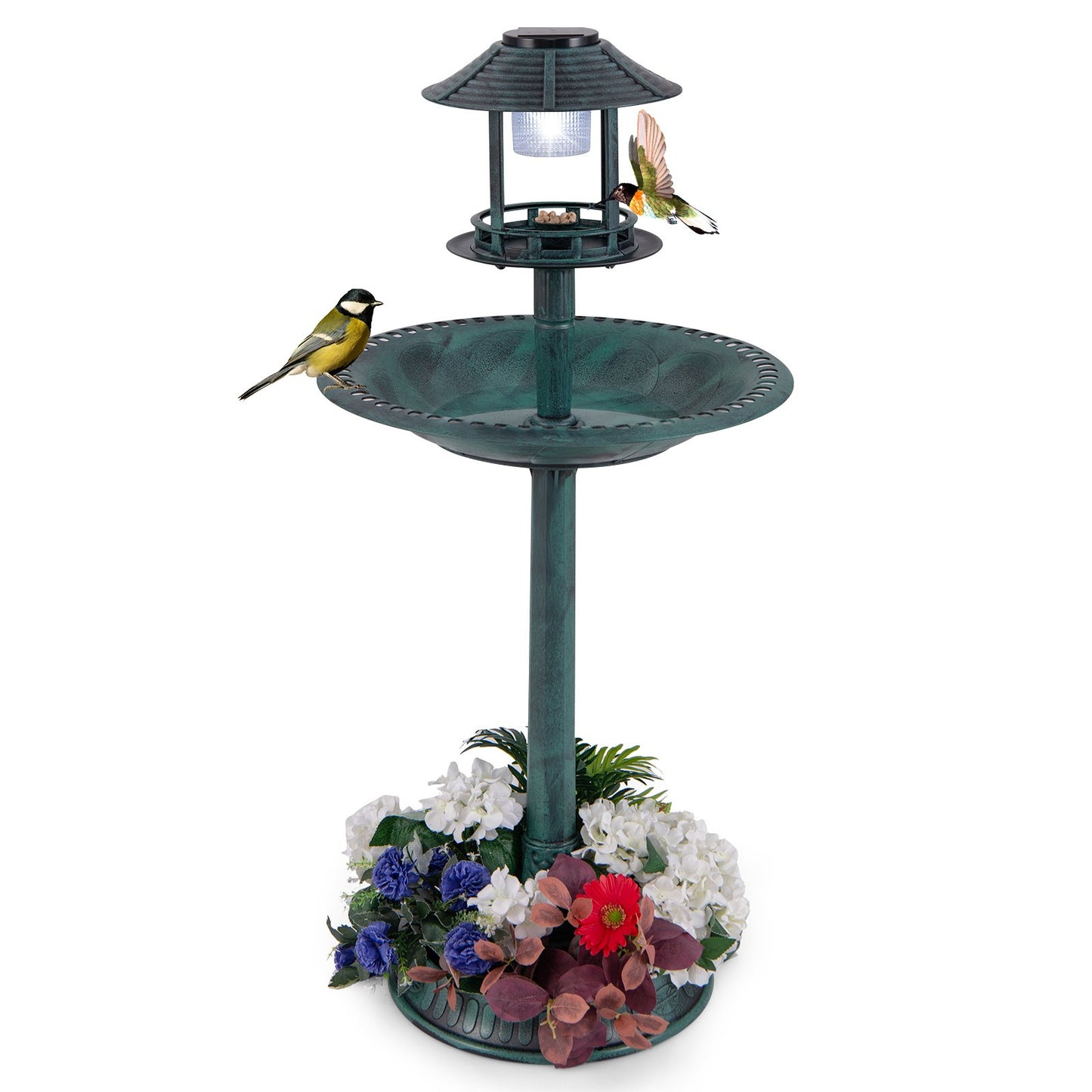 Pedestal Bird Bath with Solar Light with Bird Feeder and Flower Planter, Green Chicken Coops   at Gallery Canada