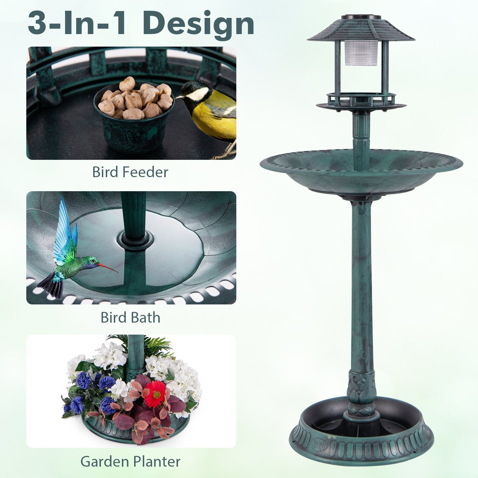 Pedestal Bird Bath with Solar Light with Bird Feeder and Flower Planter, Green Chicken Coops   at Gallery Canada