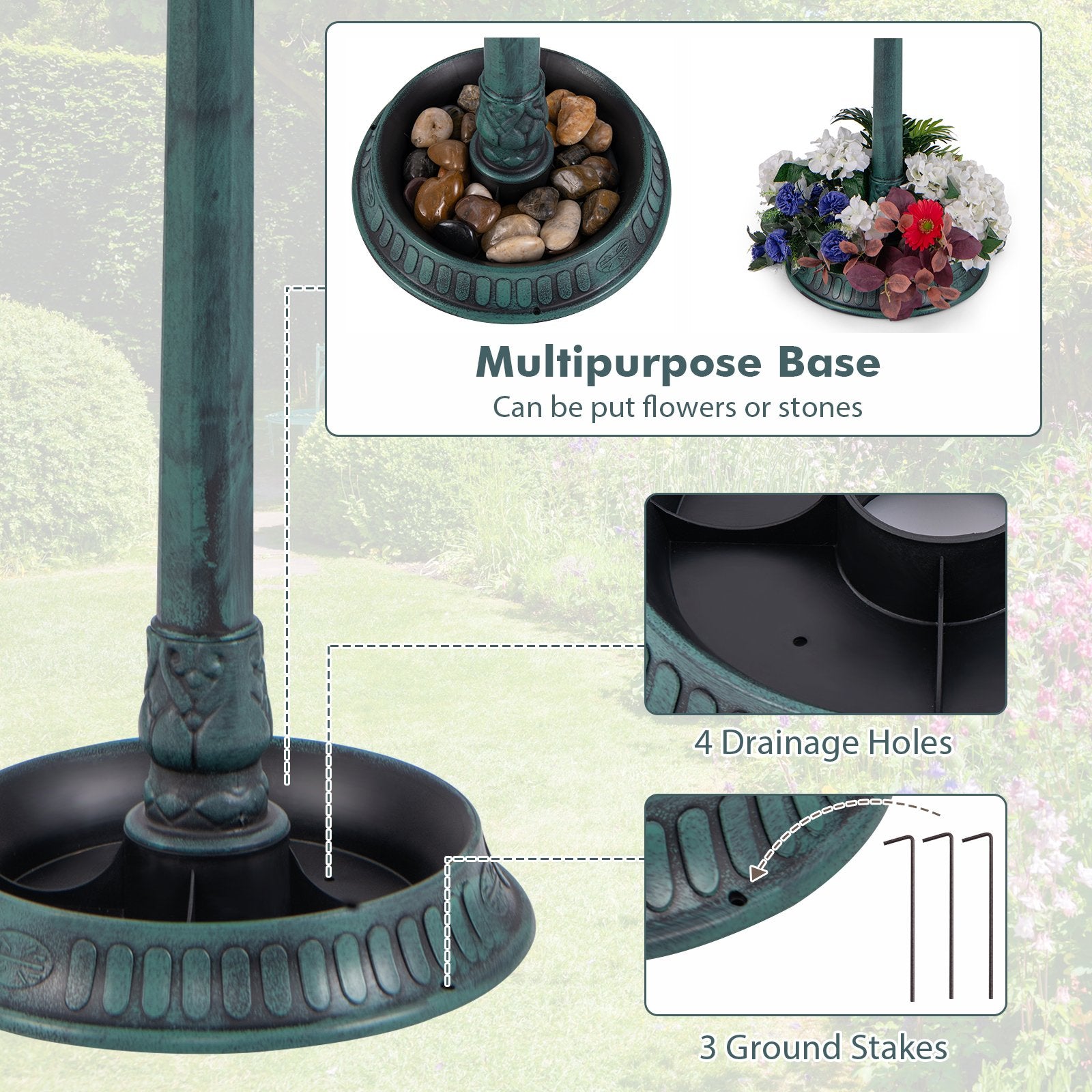 Pedestal Bird Bath with Solar Light with Bird Feeder and Flower Planter, Green Chicken Coops   at Gallery Canada