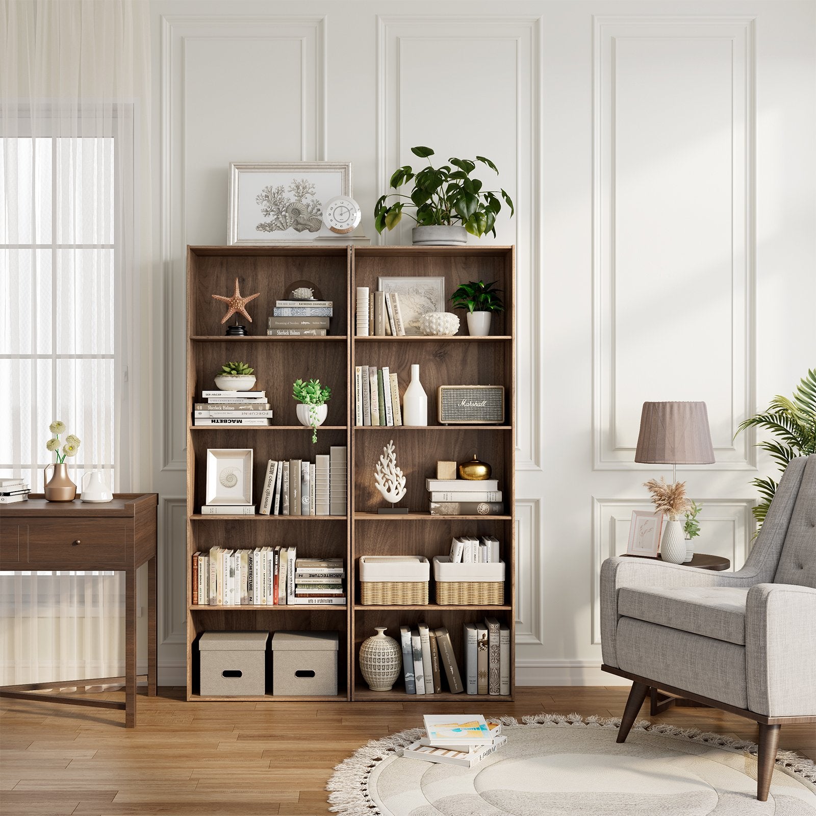 5-Shelf Storage Bookcase Modern Multi-Functional Display Cabinet Furniture, Walnut Bookcases   at Gallery Canada