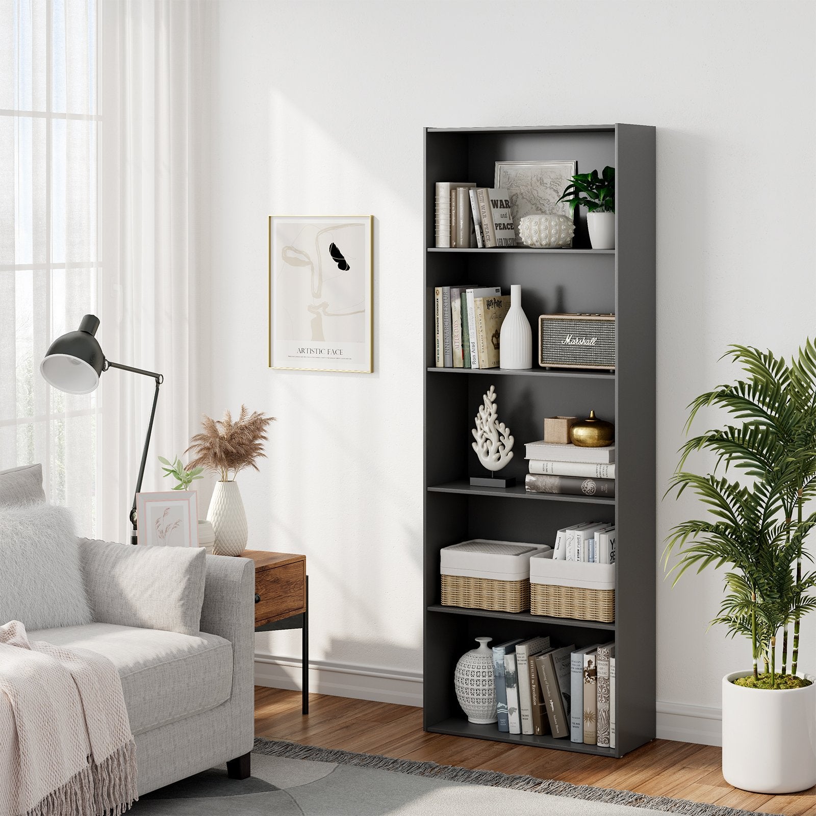 5-Shelf Storage Bookcase Modern Multi-Functional Display Cabinet Furniture, Black Bookcases   at Gallery Canada